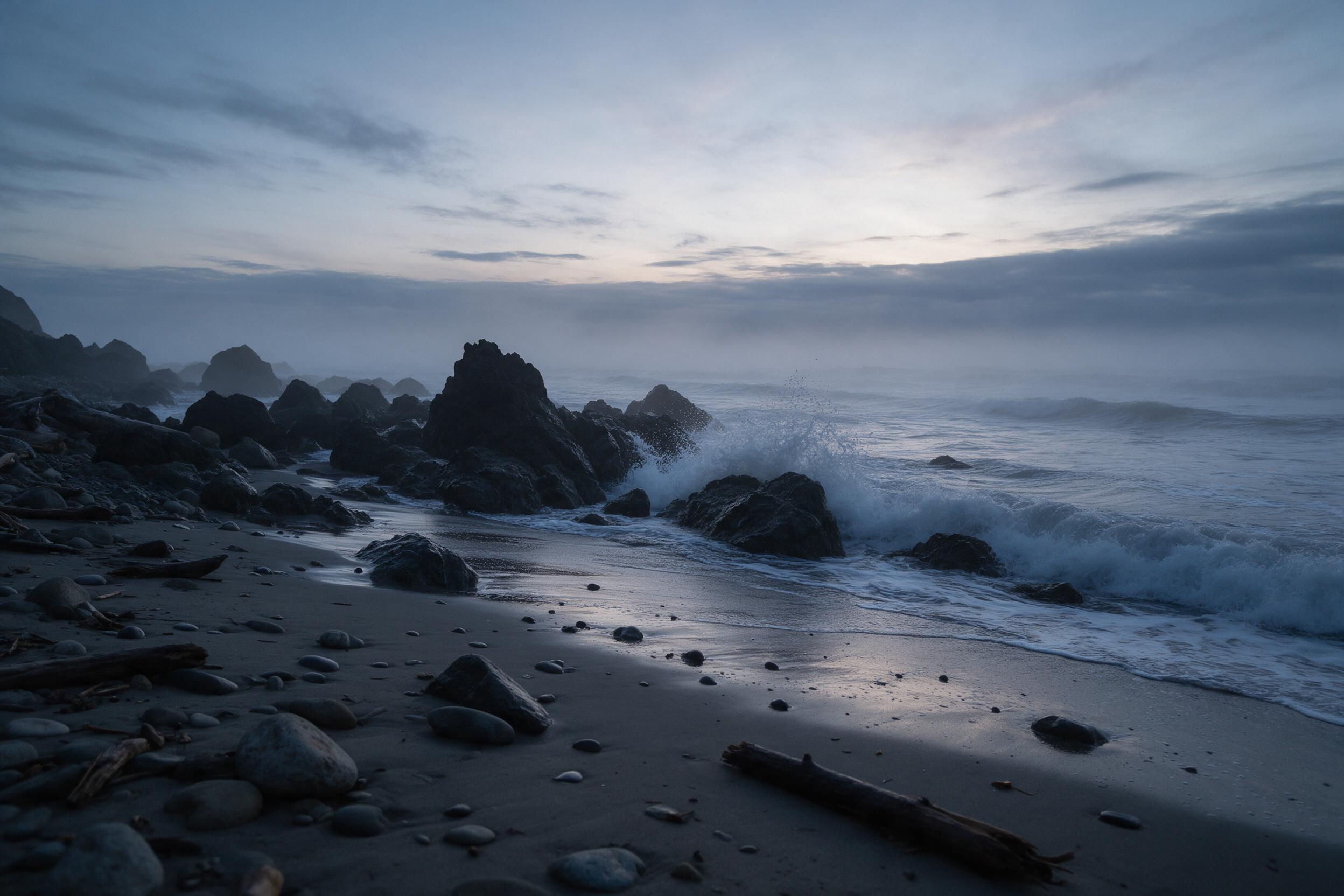 A shoreline at twilight, muted blue and grey palette. Waves crash against jagged dark rocks. Thin mist hangs over an opaque sea. Weathered stones and driftwood scattered on wet sand. Composition: low camera angle, wide view. Lighting: diffused, low-key, with soft reflection from the sky.