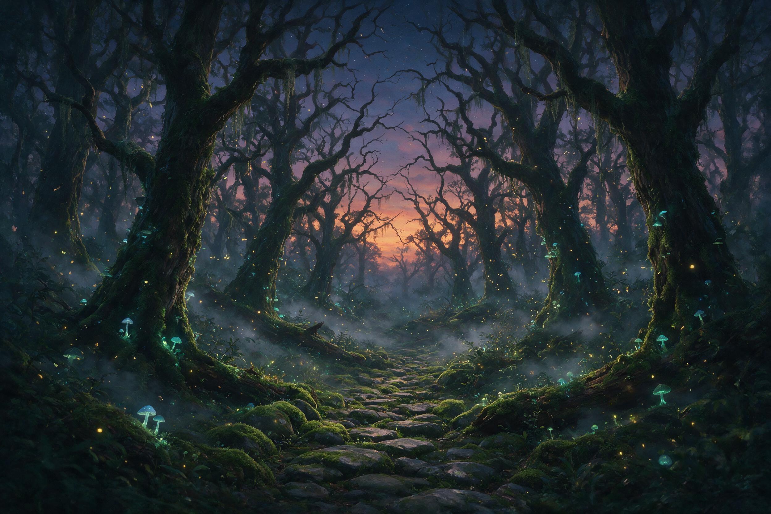 Ancient forest at twilight, bioluminescent mushrooms and floating glowing pollen, a winding path of moss-covered stones, soft mist between gnarled trees, warm firefly light, painterly style with soft brushstrokes, no harsh shadows or people
