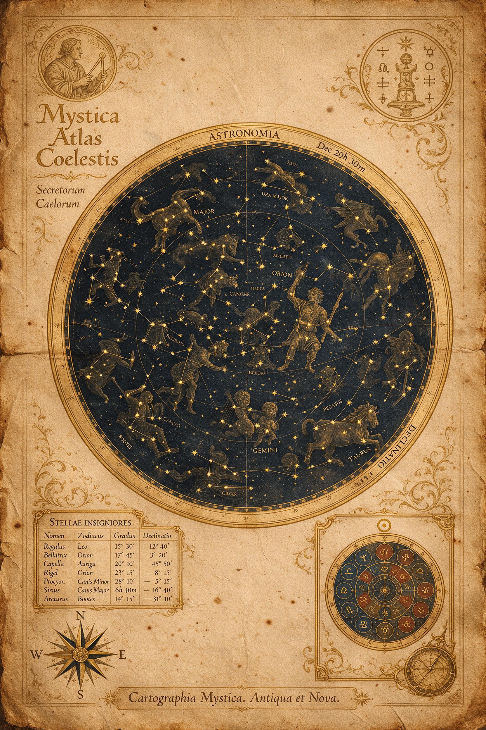A celestial map drawn on aged parchment, constellations connected by golden lines, compass rose, mystical cartography