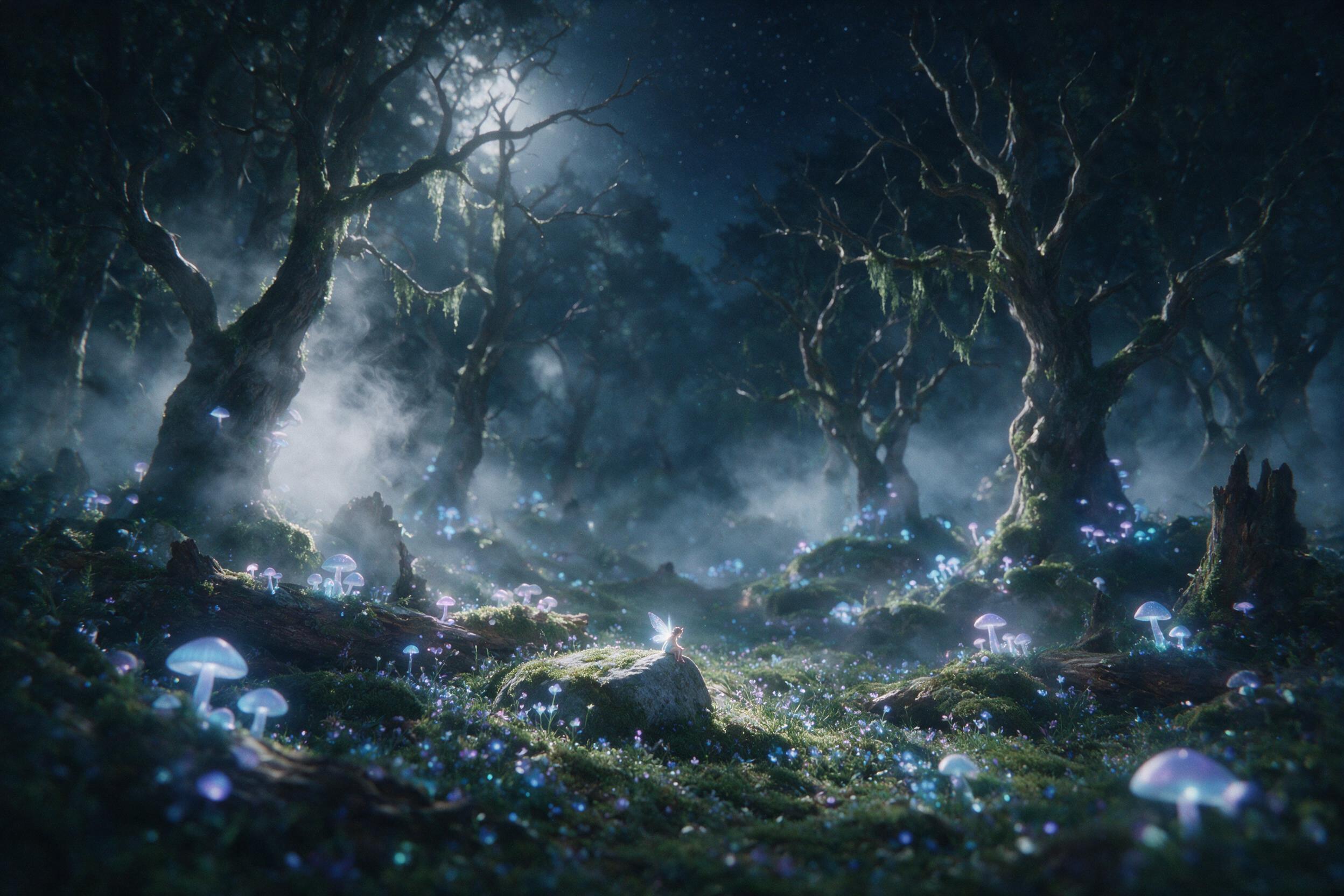 A moonlit forest clearing where bioluminescent mushrooms emit soft blue and violet light, winding mist between ancient gnarled trees, a tiny winged fairy with glowing wings perched on a mossy stone, shallow depth of field, dreamy atmosphere, subtle film grain