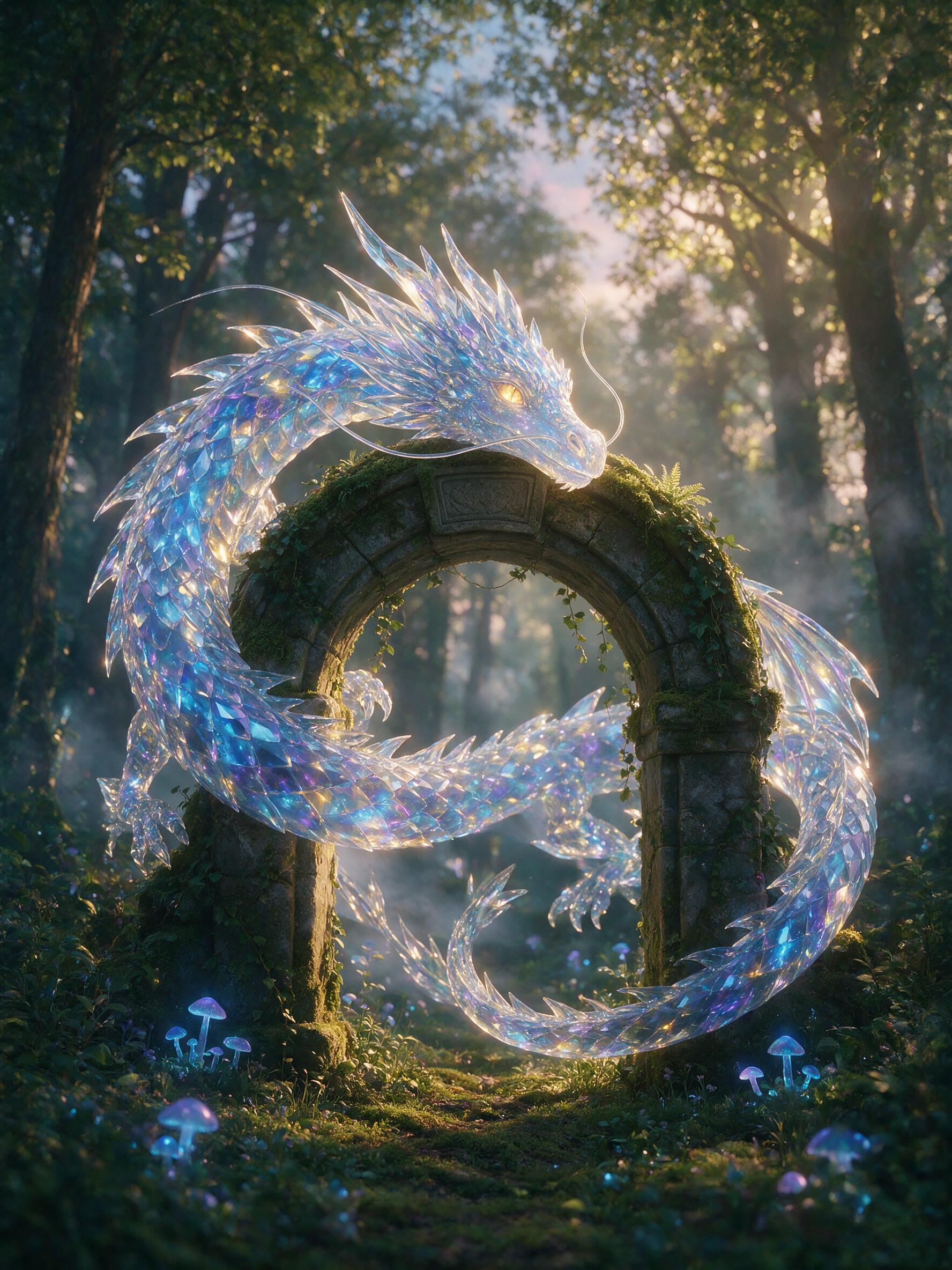 A glowing, translucent crystal dragon curled around a moss-covered stone archway in a misty twilight forest, with bioluminescent blue and purple mushrooms scattered at its base, soft golden light filtering through the canopy, shallow depth of field, ethereal atmosphere