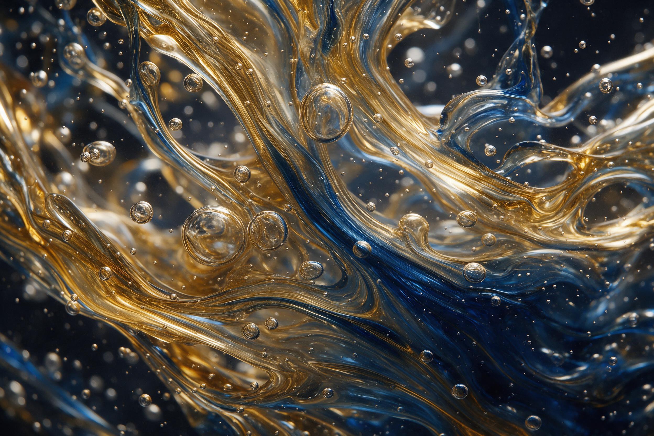 Macro shot of swirling molten glass, golden and deep blue veins intertwining, bubbles trapped mid-motion, soft studio light reflecting off smooth curves, dark background, minimal composition, emphasis on texture and flow