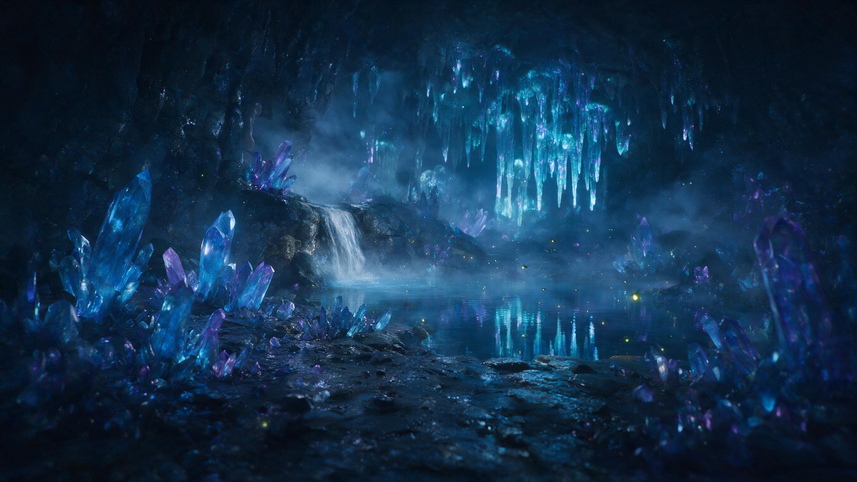 A moonlit crystal cavern, glowing blue and purple crystals jut from wet stone floor, a small waterfall feeds a mirror-calm pool reflecting bioluminescent stalactites, soft mist drifts through the air, fireflies hover near the water, wide-angle shot, low-key lighting, serene and otherworldly atmosphe