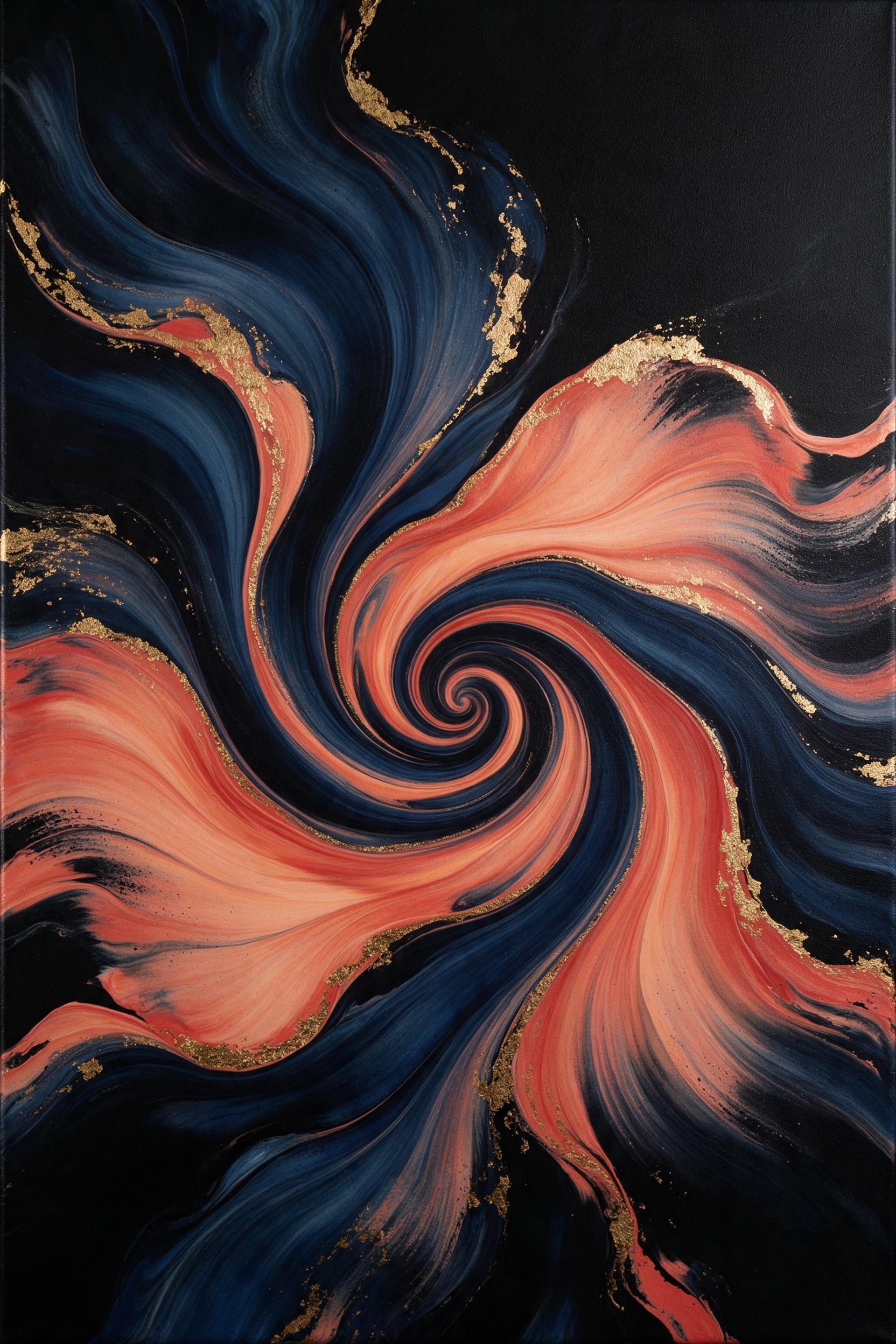 Fluid acrylic painting with swirling gradients of deep indigo, coral, and gold leaf accents, interlocking organic shapes suggesting a blooming flower and a flowing river, on a matte black canvas, dramatic side lighting casting soft shadows, high contrast texture, smooth brushstrokes, no text or peop