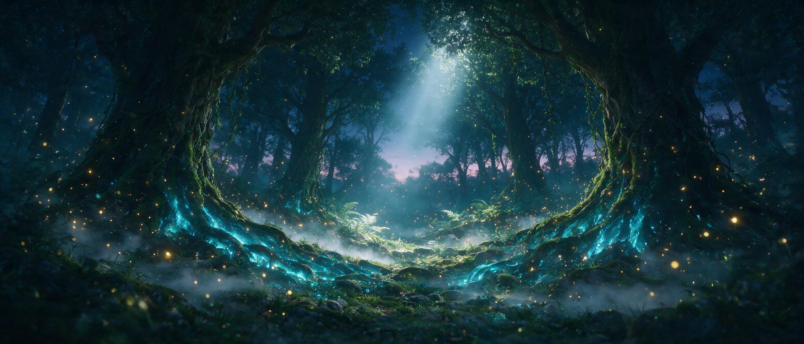 A luminous forest at twilight, ancient trees with glowing blue roots, ethereal floating fireflies, soft mist swirling between mossy stones, a single ray of moonlight piercing the canopy, dreamy atmosphere, warm amber and cool teal tones, cinematic composition, subtle motion blur from drifting partic