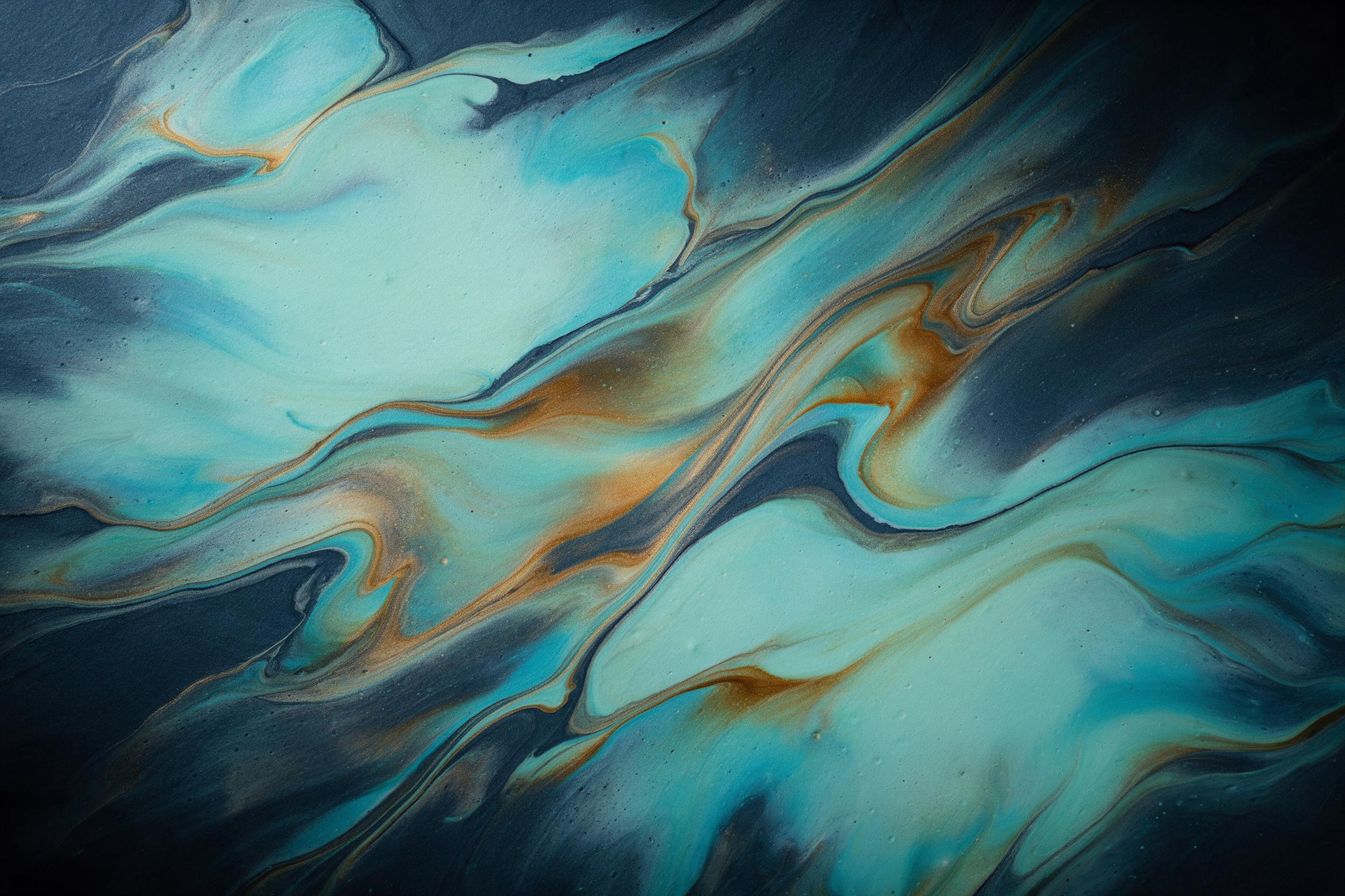 Turquoise and amber fluid acrylic on dark slate, swirling marble-like veining, sharp macro focus, soft edge vignette, moody studio side light, no text, minimalist clarity, gentle tactile texture