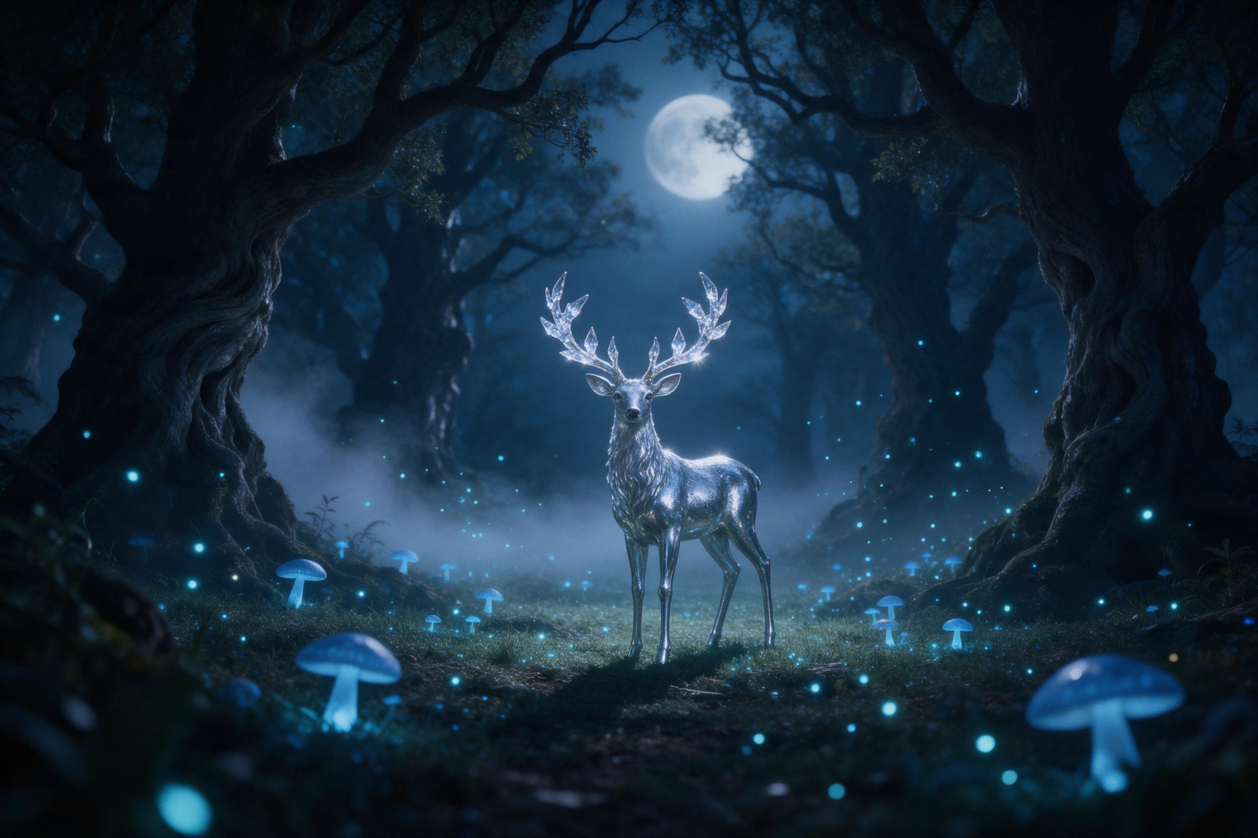 A moonlit enchanted forest clearing with glowing blue mushrooms, a silver deer with antlers of crystal, mist curling between ancient twisted trees, soft cyan light from fireflies, shallow depth of field, ethereal atmosphere, natural film grain