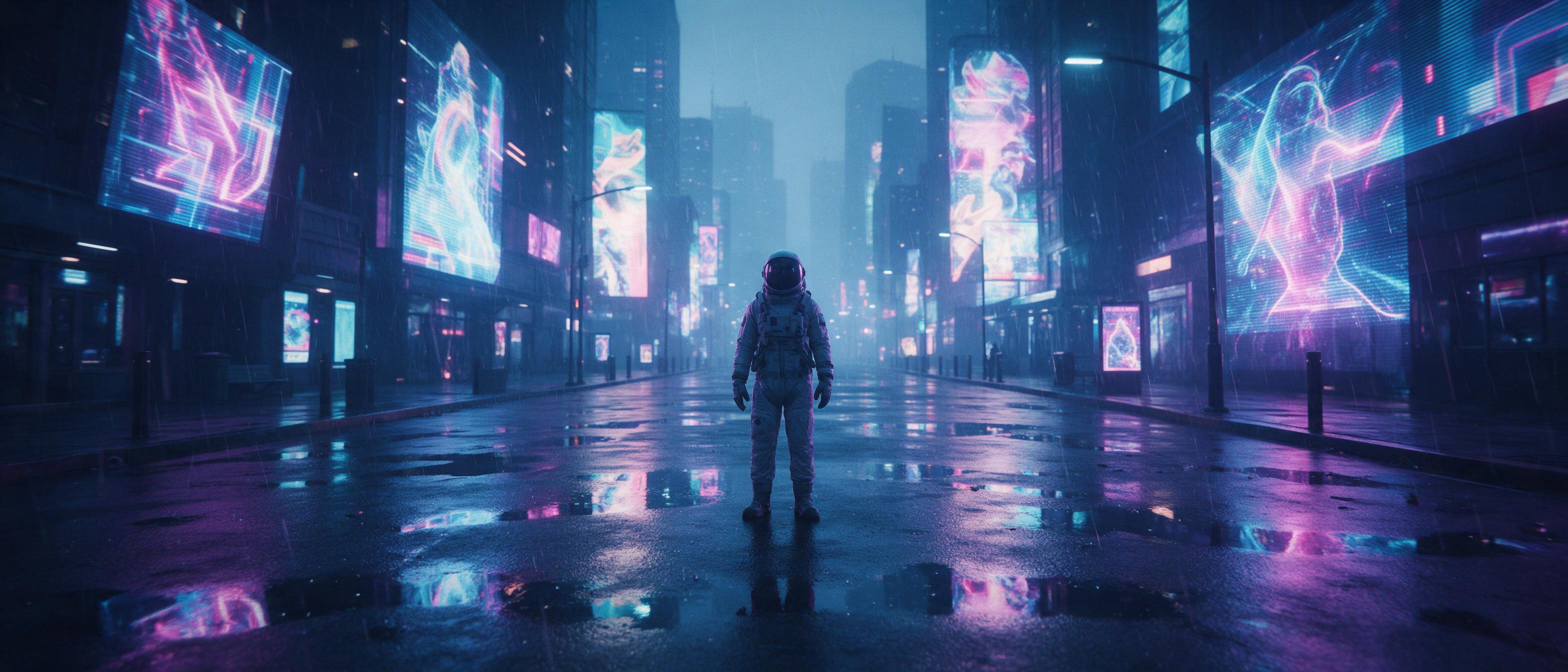 A lone astronaut stands on a rain-slicked neon-lit street, reflections of holographic billboards in puddles, distant skyscrapers wrapped in fog, cinematic wide shot, cool blue and magenta tones, slight motion blur on the falling rain.