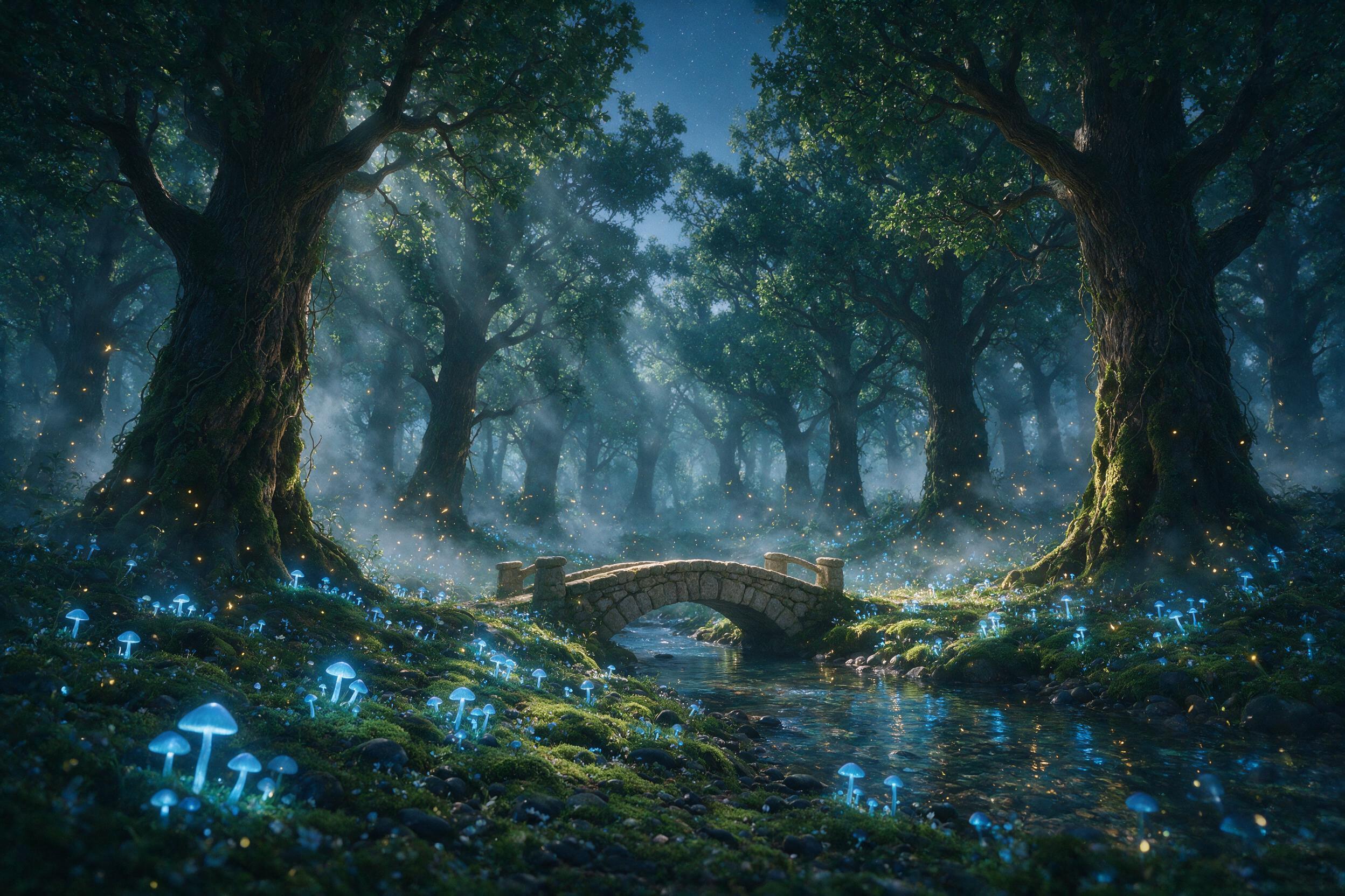 A luminous forest at twilight, glowing blue mushrooms carpet the mossy ground, soft mist weaves between ancient oak trees, fireflies dance in golden trails, ethereal light beams filter through the canopy, a small stone bridge crosses a crystal-clear stream, subtle grain texture, dreamy atmosphere