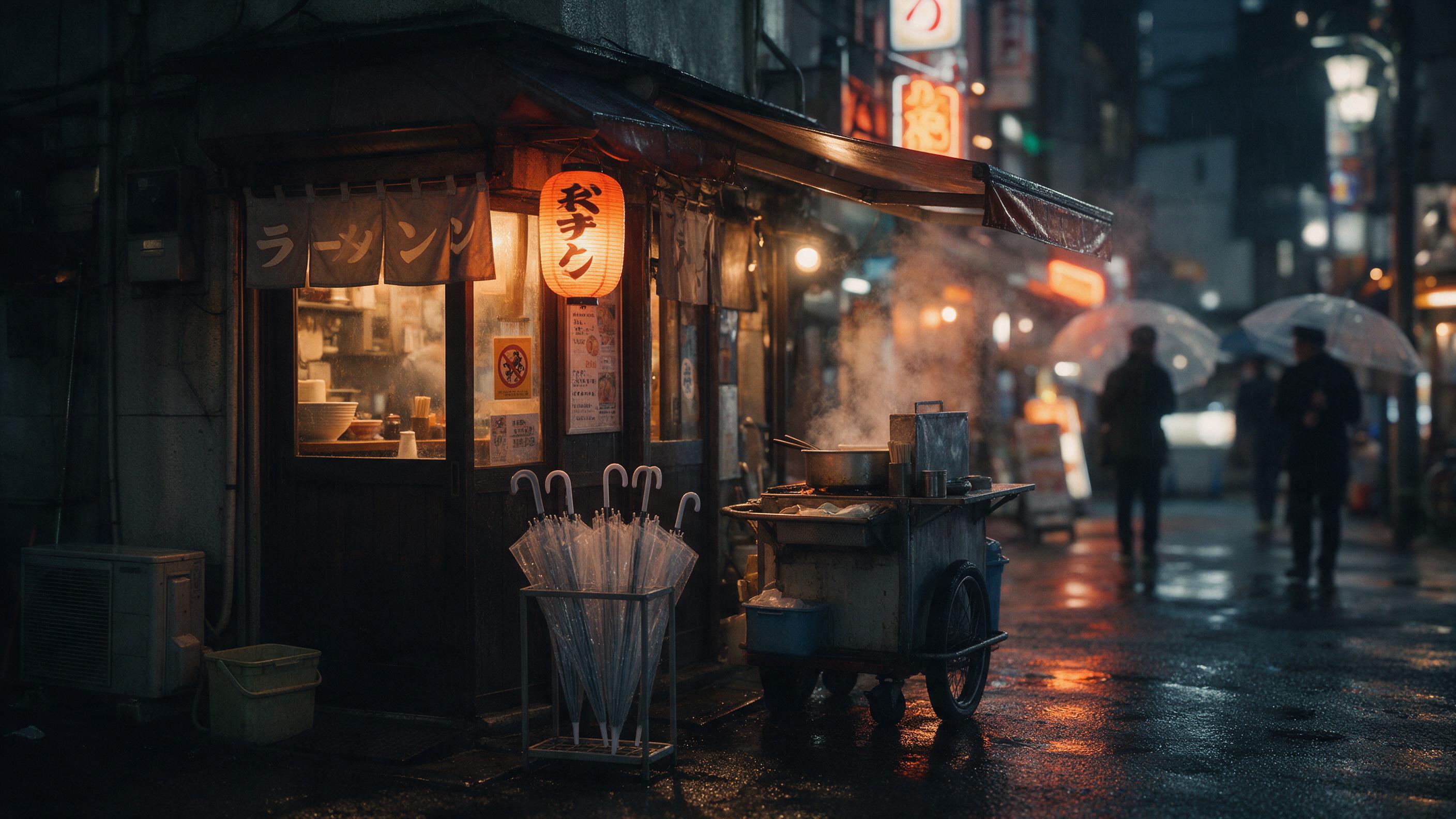 A rainy evening at a small Tokyo street corner: wet asphalt reflecting warm orange neon signs, an old umbrella stand outside a tiny ramen shop, steam rising from a food cart, distant figures with translucent umbrellas blurring slightly, shallow depth of field, cinematic composition, moody atmosphere
