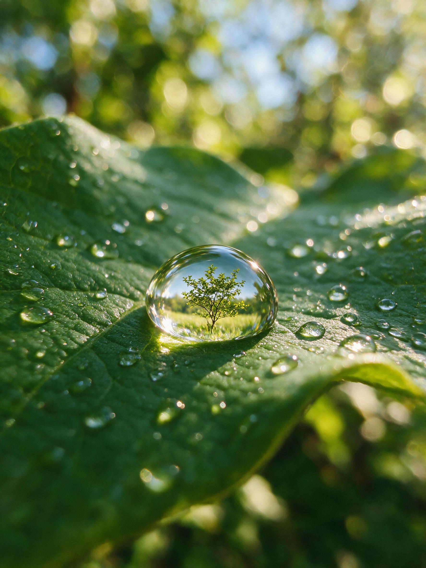 Close-up of water droplets on a dark green leaf, with a soft, blurred background of bokeh lights, natural lighting, slight camera shake, macro photography style, focused on the central droplet with a reflection of a tiny, inverted tree.