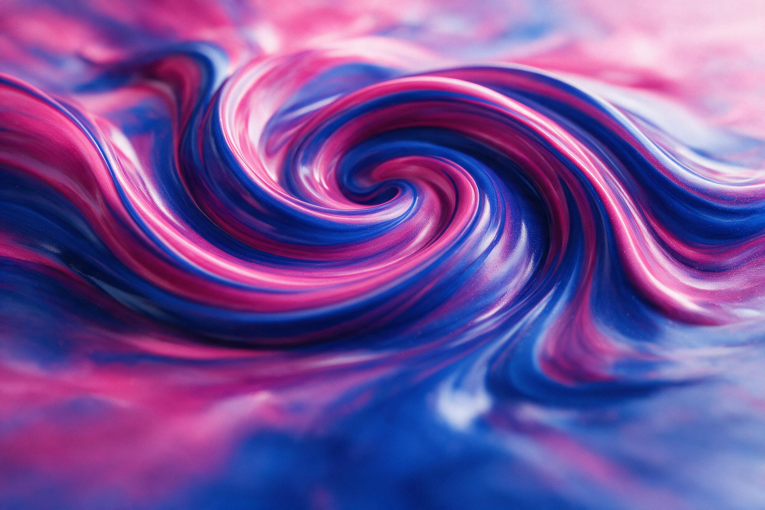 Close-up of a dynamic fluid art swirl, bold magenta and cobalt blue intersecting, soft natural light from above, subtle reflections on a glossy surface, shallow depth of field, minimalist composition with negative space, slight grain texture.