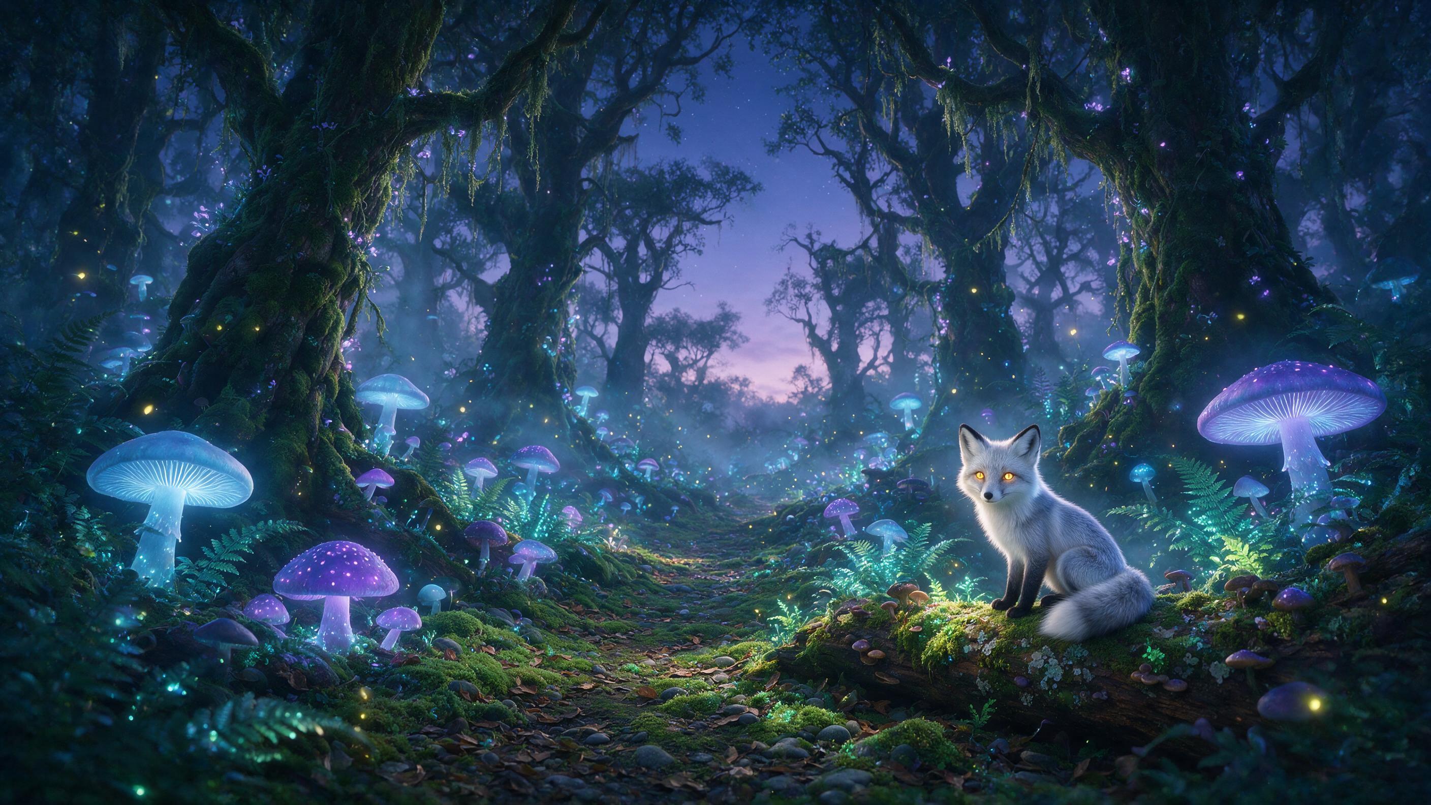 A bioluminescent forest at twilight, where giant glowing mushrooms and ferns cast soft blue and purple light on a winding mossy path. A small fox with silver fur and luminous eyes sits on a fallen log, looking back. Mist drifts between ancient trees, and fireflies sparkle in the air. Soft volumetric
