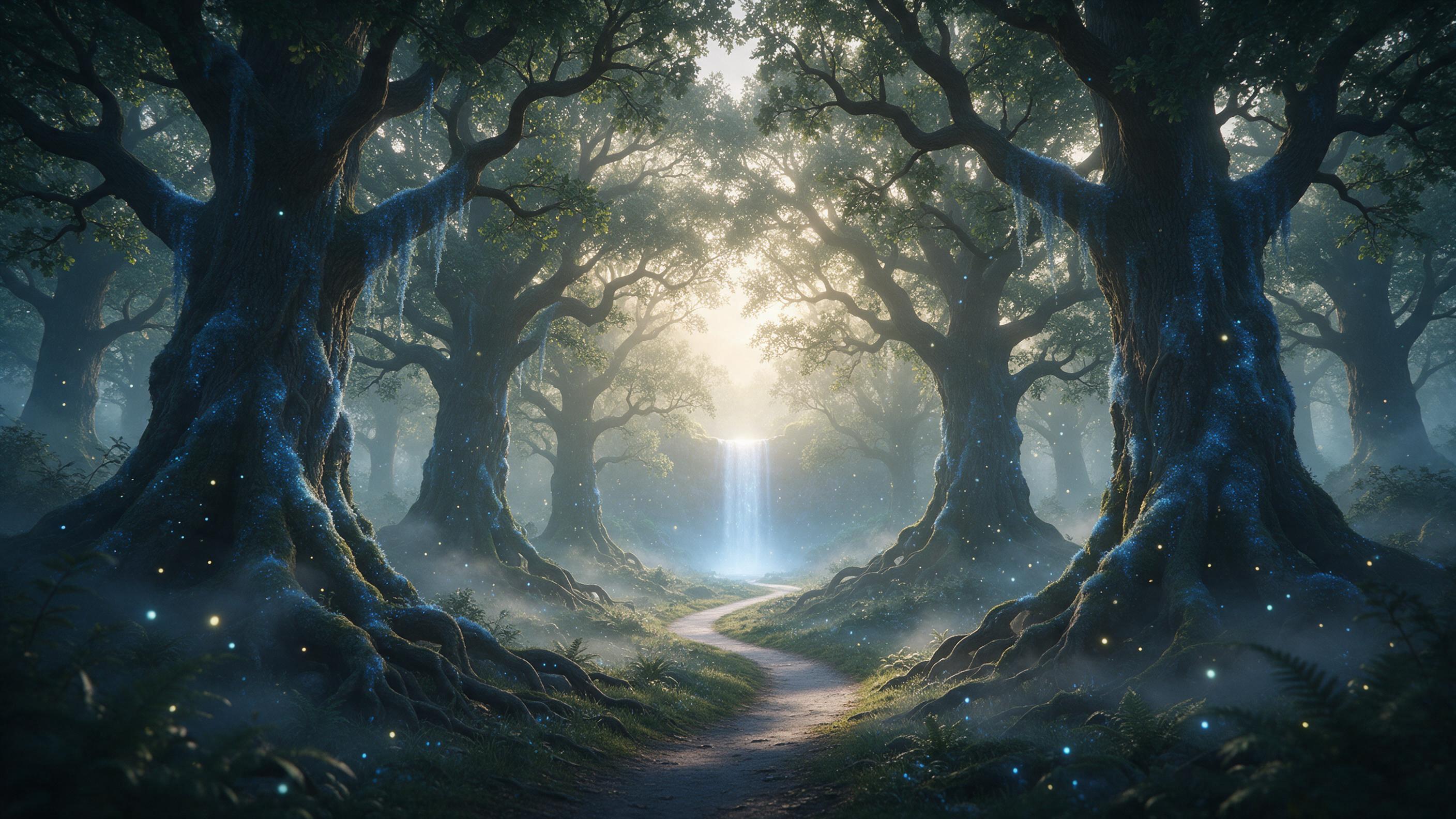 A misty enchanted forest at dawn, towering ancient oaks draped in glowing blue moss, a narrow winding path leading to a distant luminous waterfall, soft golden light filtering through the canopy, ethereal glowing spores floating in the air, gentle fog curling around the roots, high detail in foliage