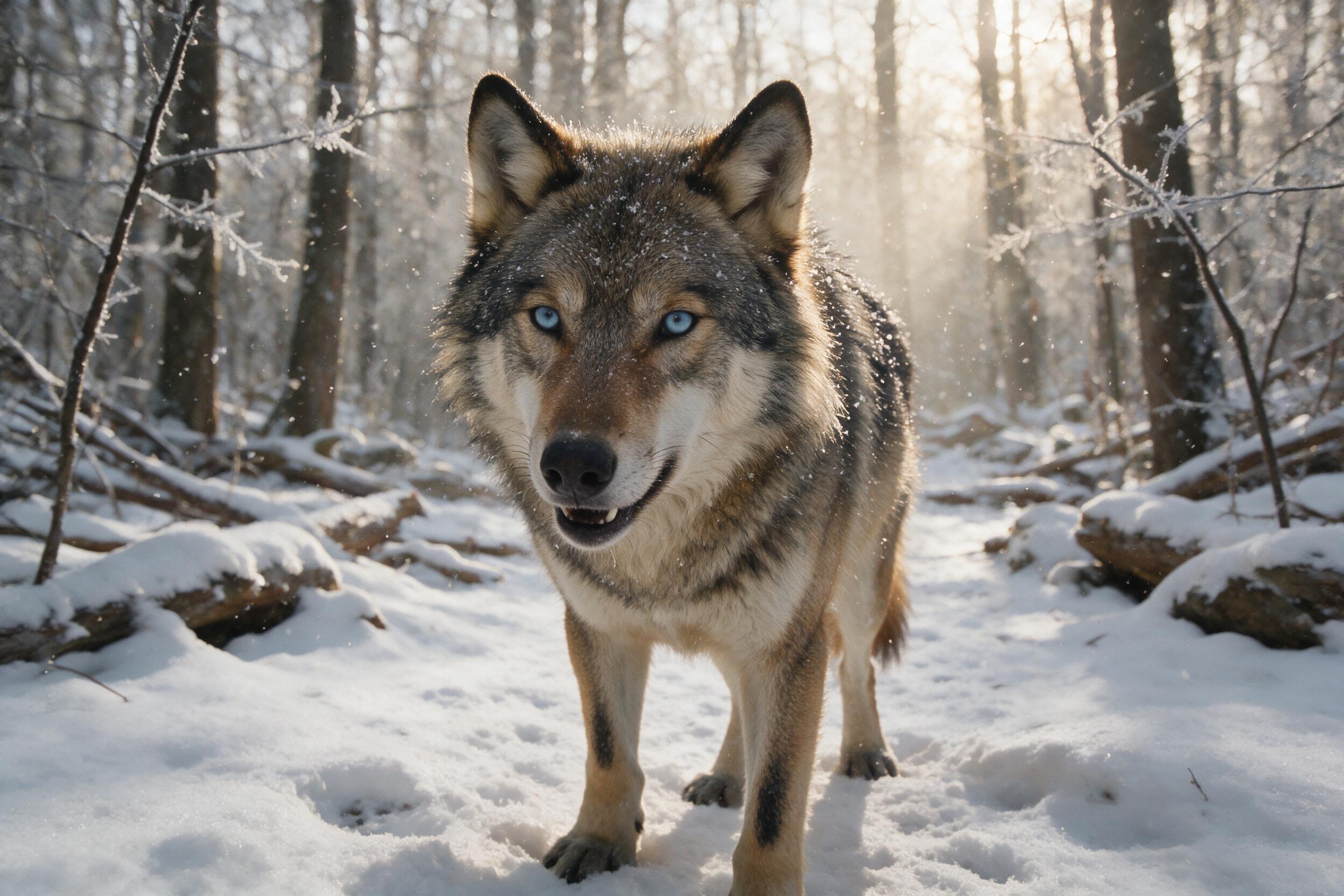 A close-up of a gray wolf in a snowy forest, soft morning light filtering through bare branches, snowflakes resting on its fur, blue eyes looking directly at the camera, slight camera shake, natural grain, shallow depth of field, earthy tones