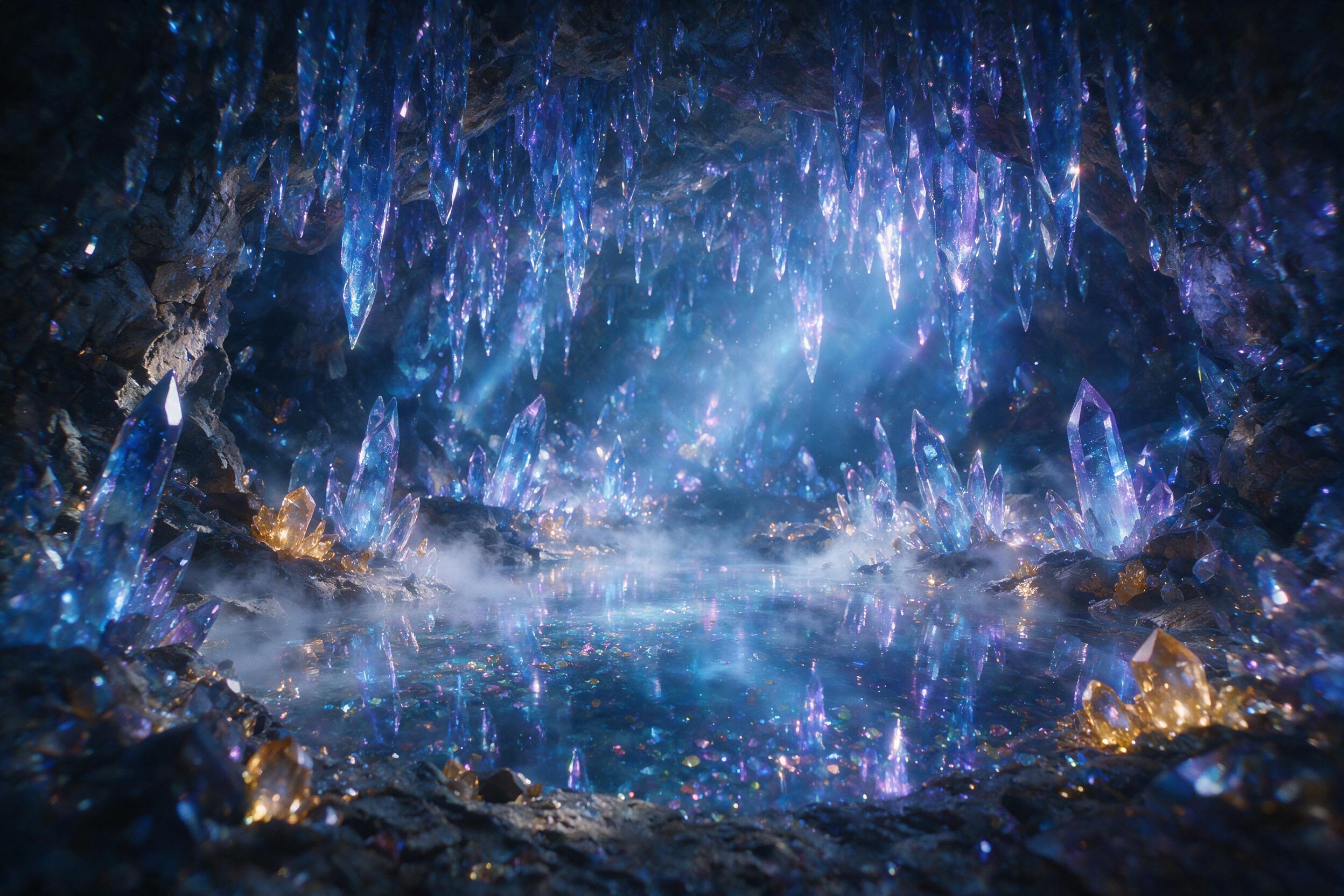 A luminescent crystal cave deep underground, glowing blue and purple stalactites reflecting in a still pool, soft mist rising from the water, ethereal light rays cutting through the cavern, subtle lens flare, warm amber crystals scattered on the ground, slight camera shake adding dreamy atmosphere, 