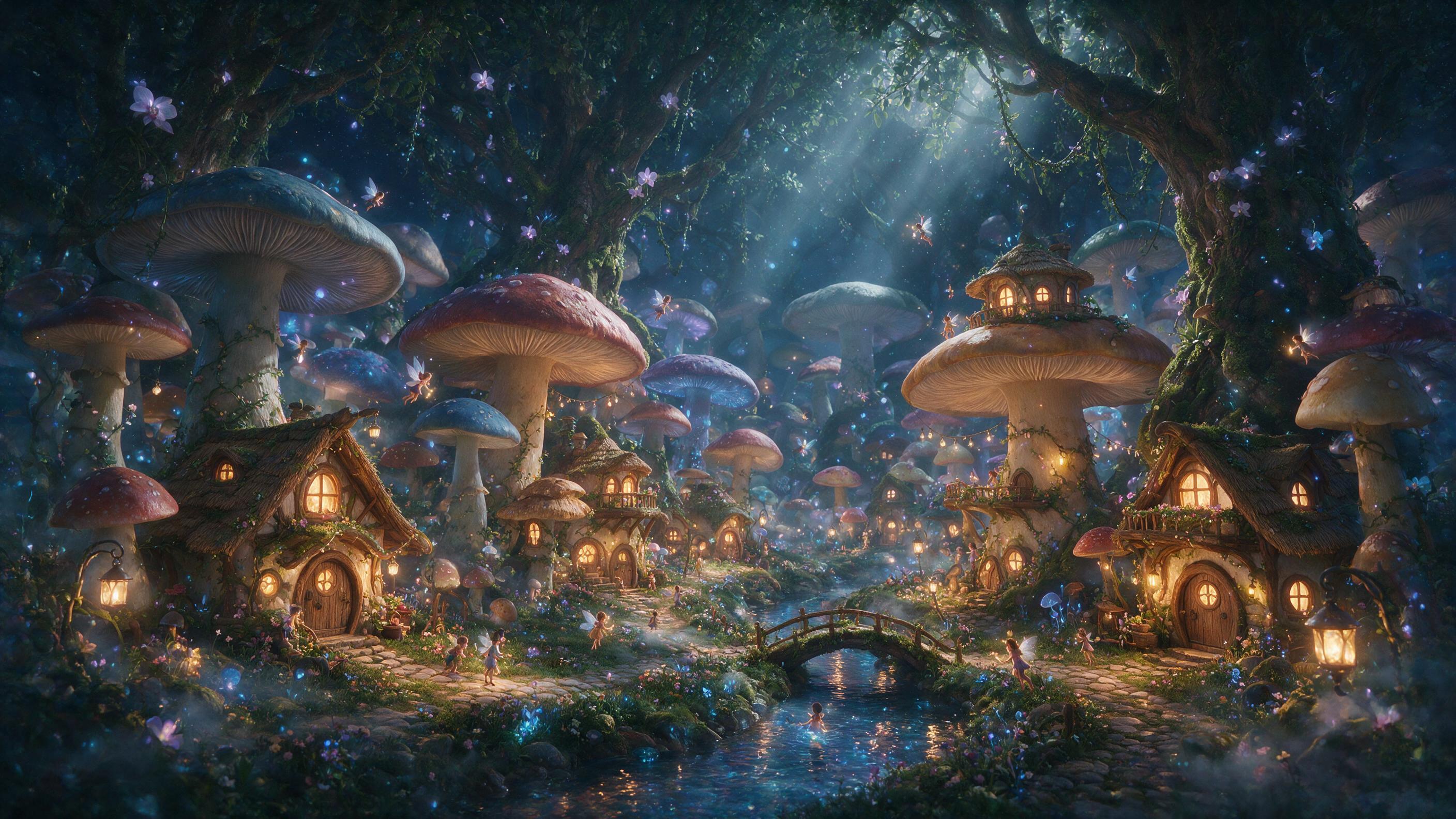 A luminous fairy village nestled in a giant mushroom forest, glowing blue and purple spores drifting in the air, soft mist at ground level, moonlight filtering through the canopy, magical atmosphere, vibrant colors, whimsical details.