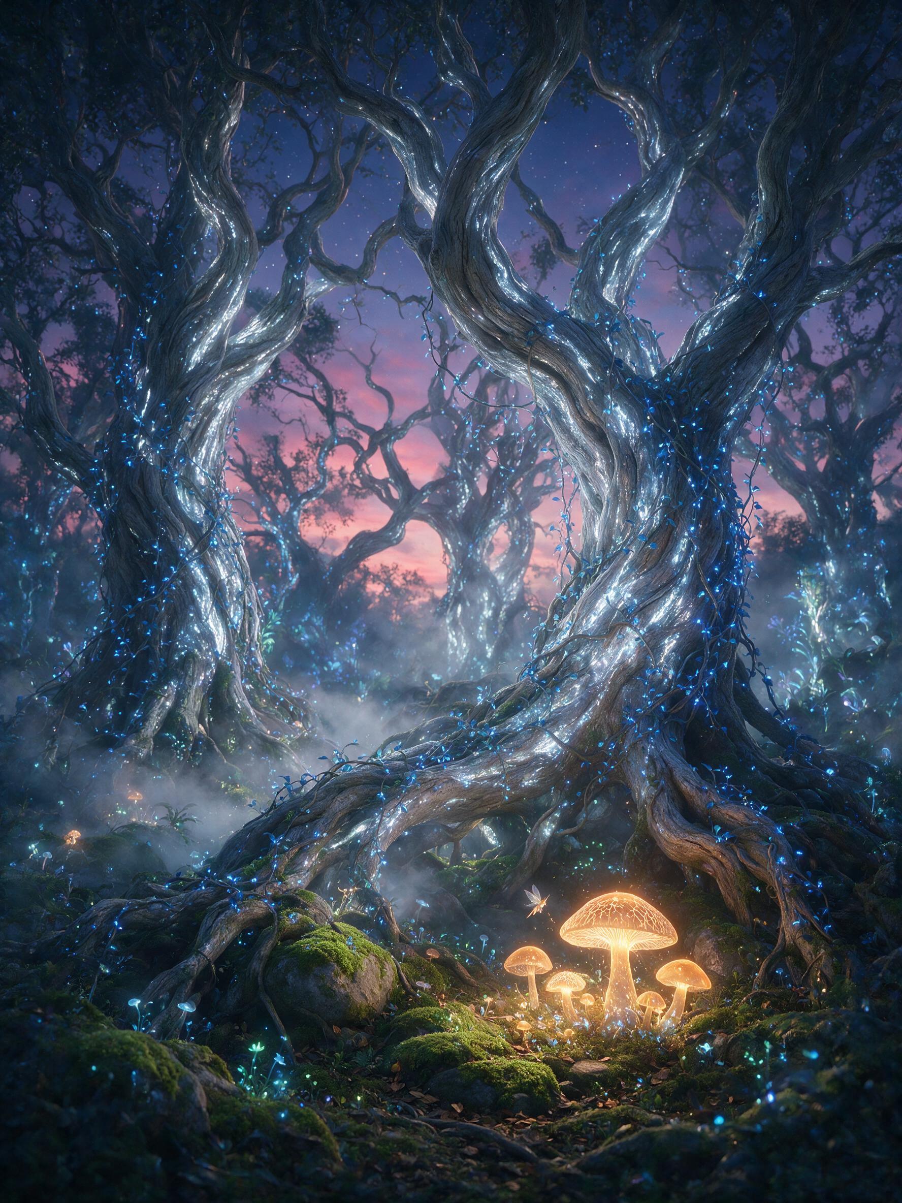 A bioluminescent forest at twilight, where ancient trees with glowing silver bark twist skyward, their roots trailing luminous blue vines. Soft mist drifts between moss-covered stones, and a tiny fairy with translucent wings hovers near a glowing mushroom cluster. Warm amber light from the mushrooms