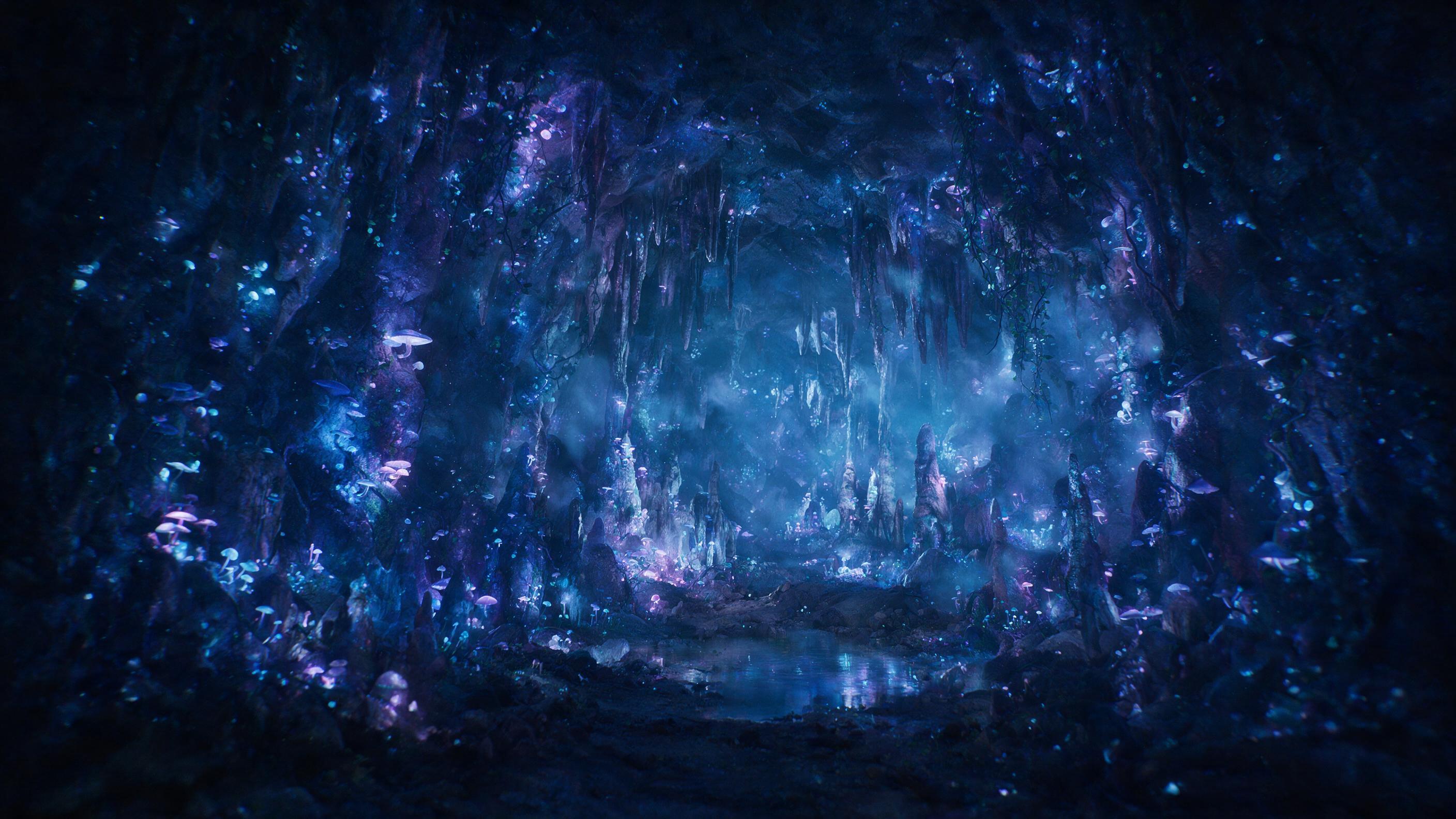 A glowing crystal cave deep underground, bioluminescent mushrooms and vines casting soft blue and purple light across jagged rock formations, a small pool of still water reflecting the ethereal glow, mist curling around stalactites, slight camera shake from long exposure, natural lighting from the c
