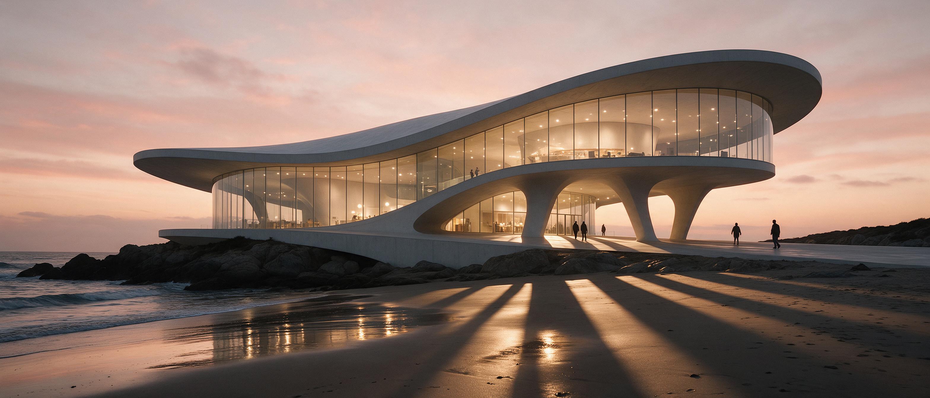 A modern museum with sweeping curves of white concrete and glass, perched on a rocky coast at dusk. Warm interior lights glow through transparent walls, reflecting on wet sand. Long shadows stretch from sculptural pillars. A few silhouetted figures stroll nearby. Soft pink and orange gradient sky, c