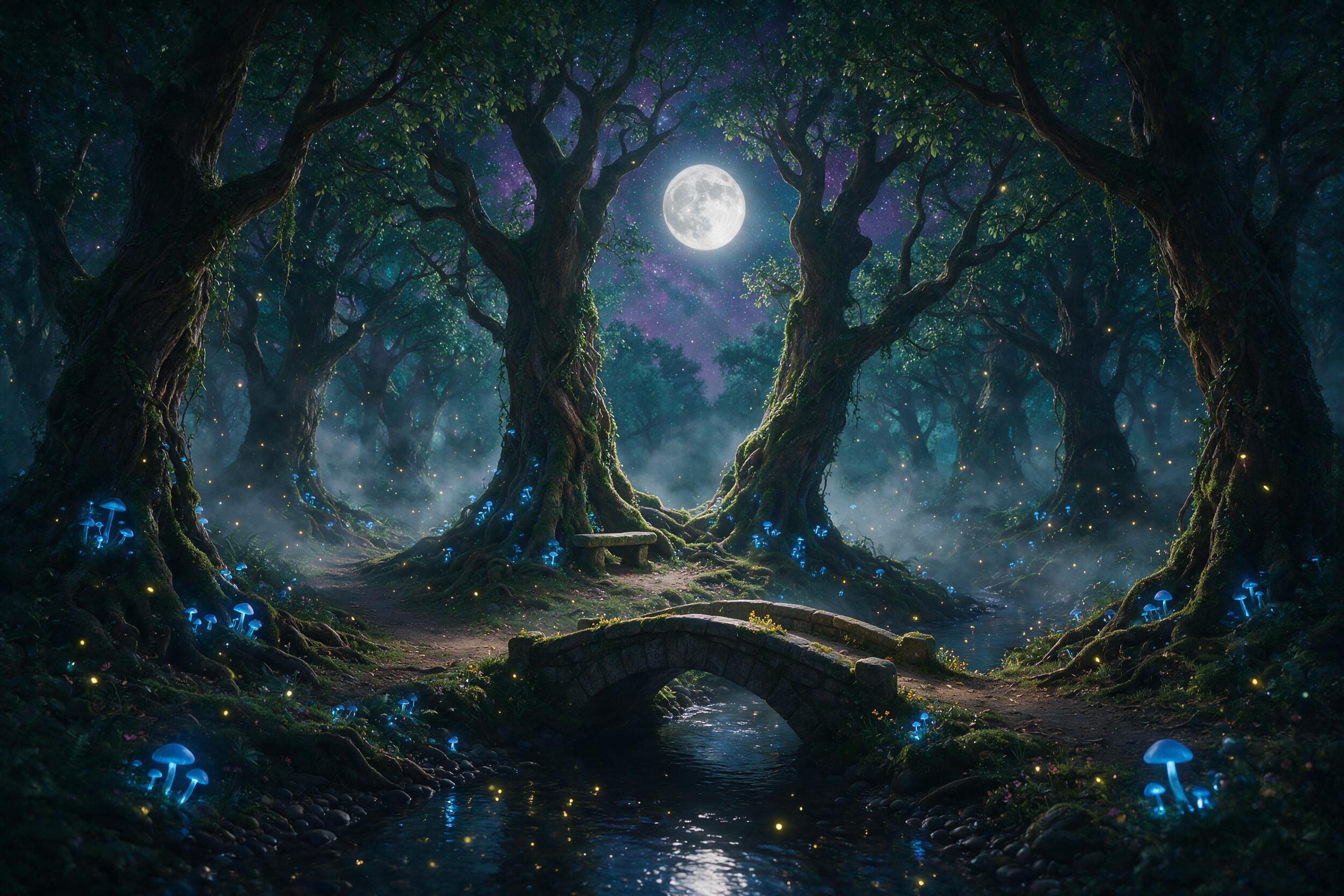 A moonlit enchanted forest with glowing blue mushrooms and ancient twisted trees, soft mist swirling between the trunks, warm golden fireflies floating in the air, a small stone bridge over a dark stream, deep purples and teals in the sky, natural lighting from the moon and bioluminescence, slight h