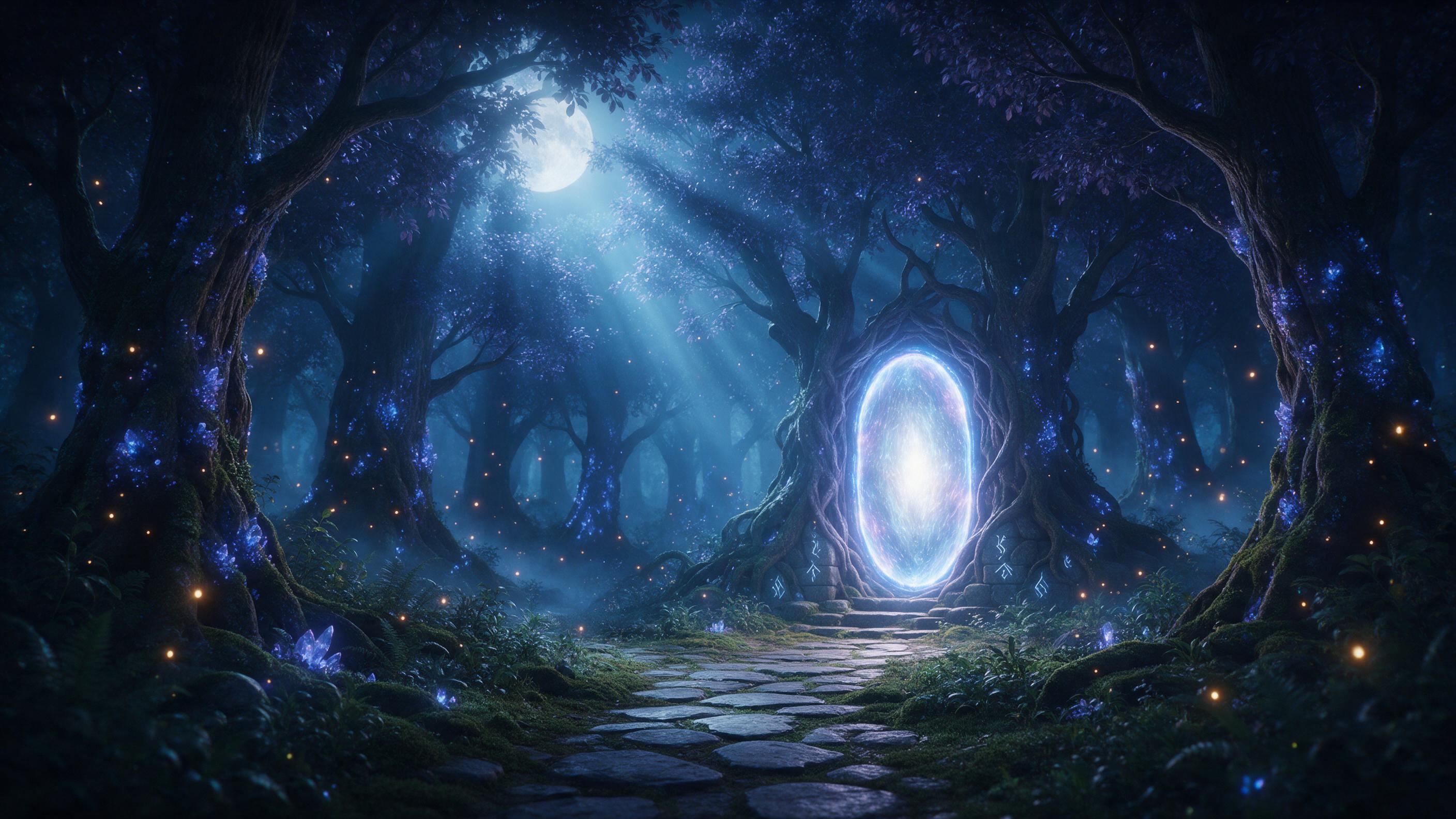 Misty ancient forest with towering bioluminescent trees, their leaves glowing soft blue and violet. A winding path of moss-covered stones leads to a shimmering portal. Moonlight pierces through canopy, casting ethereal beams. Fireflies drift like floating embers. Still air filled with faint magical 