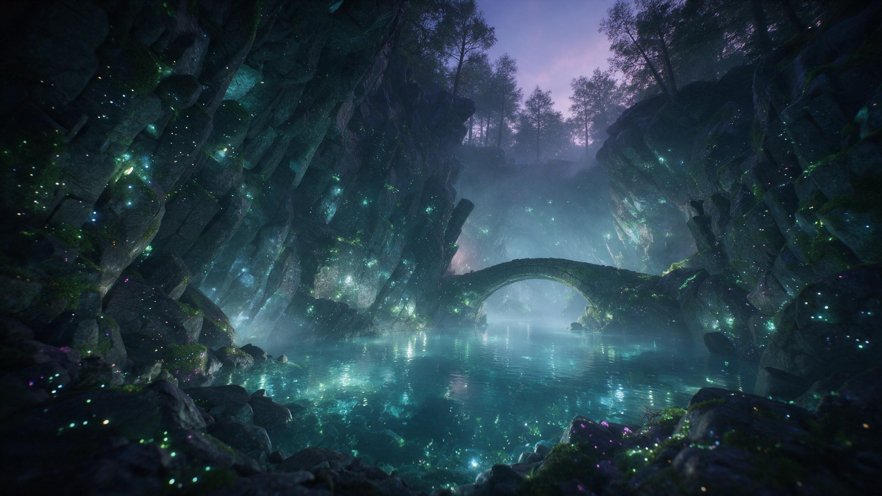 A hidden crystal cavern beneath a twilight forest, glowing bioluminescent moss covers the jagged walls, a clear underground lake reflects the shimmering light, a lone ancient stone bridge arches over it, misty air, ethereal atmosphere, soft teal and violet hues, cinematic composition with low angle 