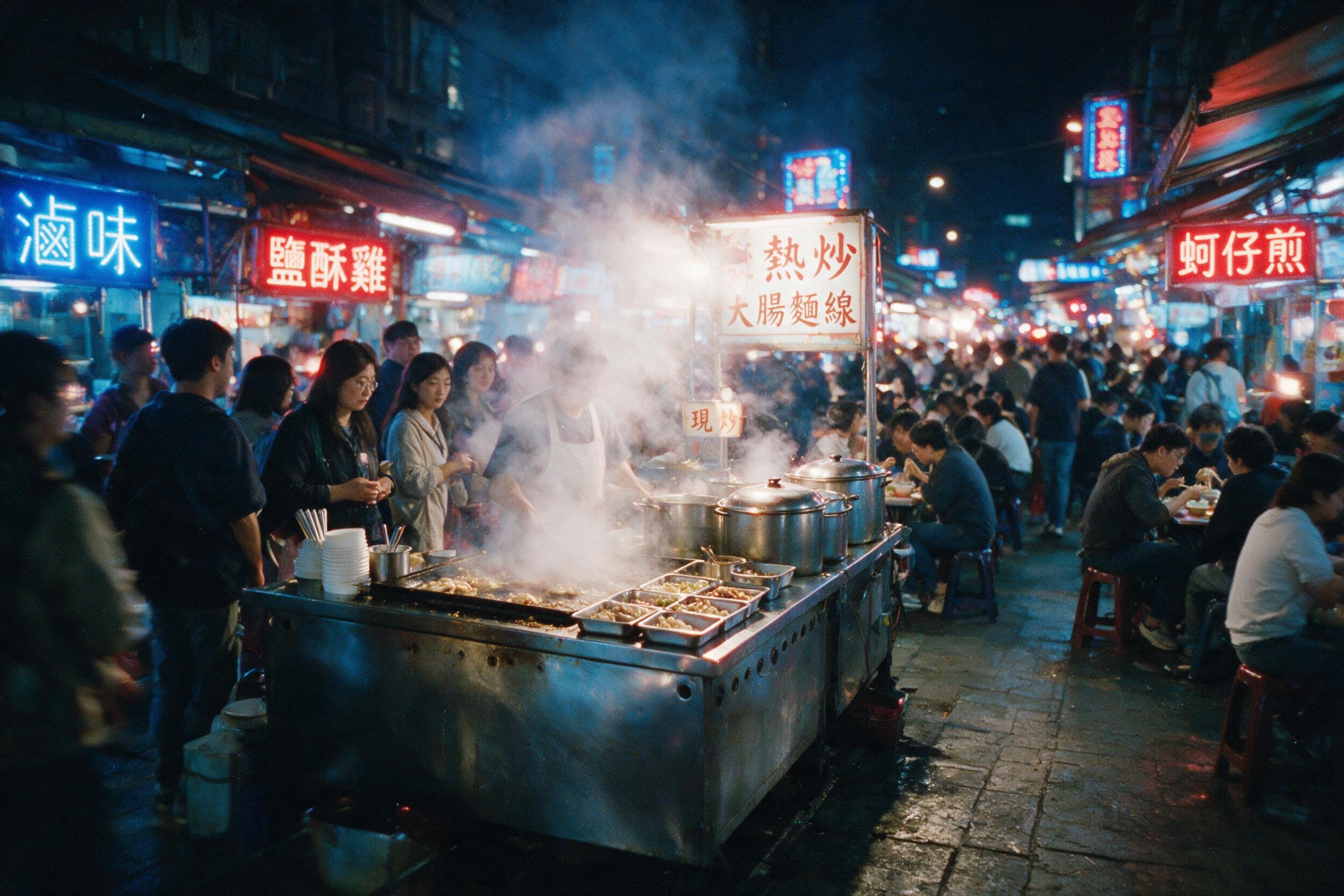 Amidst a bustling night market in Taipei, steam rises from a sizzling street food stall, silhouetting a chef in a white apron against warm neon glow. Slight camera shake adds motion to the scene, with natural grain from a compact film camera. Blue and red hues dominate the background, while the fore