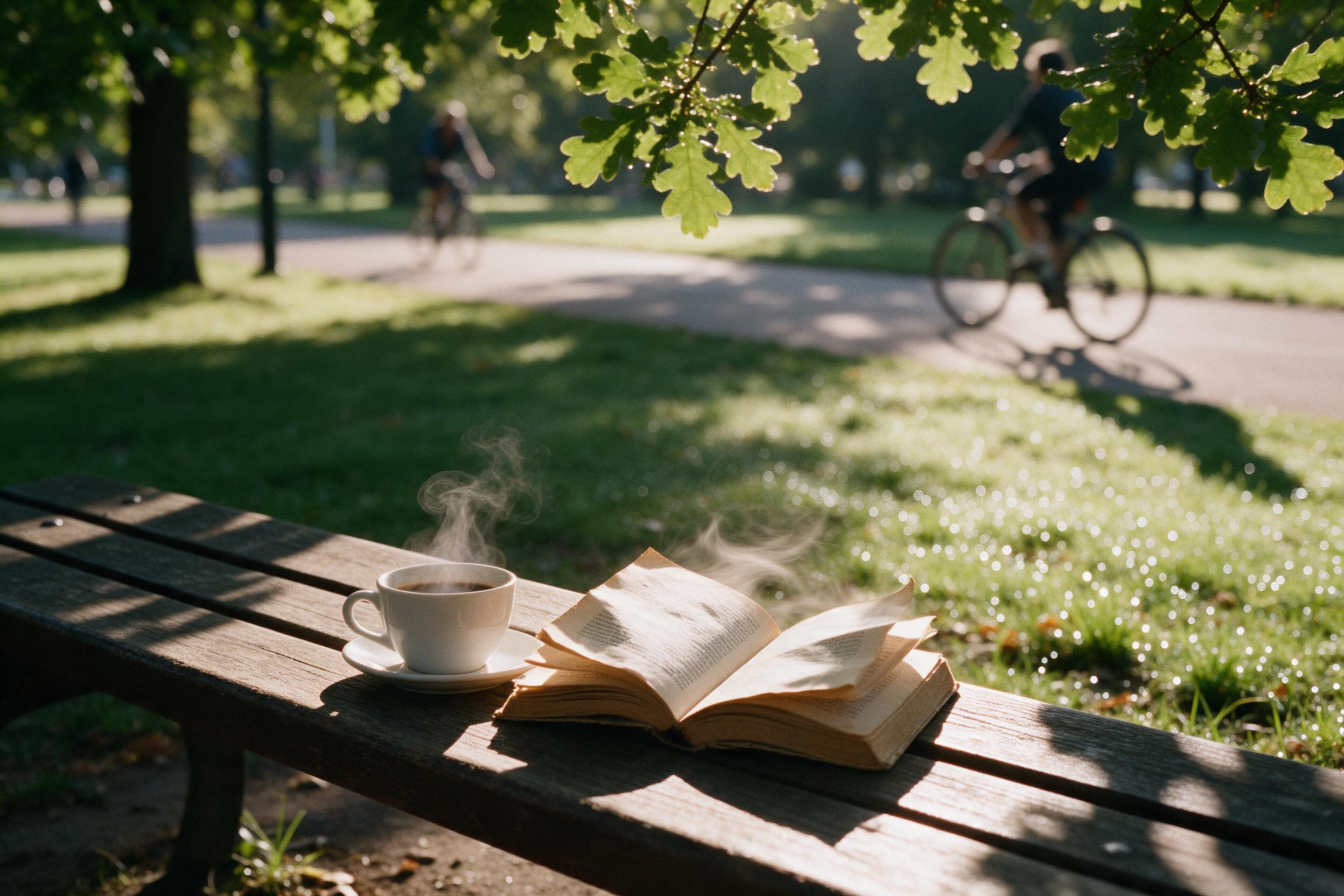 Sunlit neighborhood park bench, wooden texture worn smooth. A steaming white coffee cup beside an old paperback book, open, pages ruffling slightly. Morning light filters through oak leaves, dappling shadows. Background blurred cyclists on path. Dewdrops on grass glint. Slight film grain, warm color