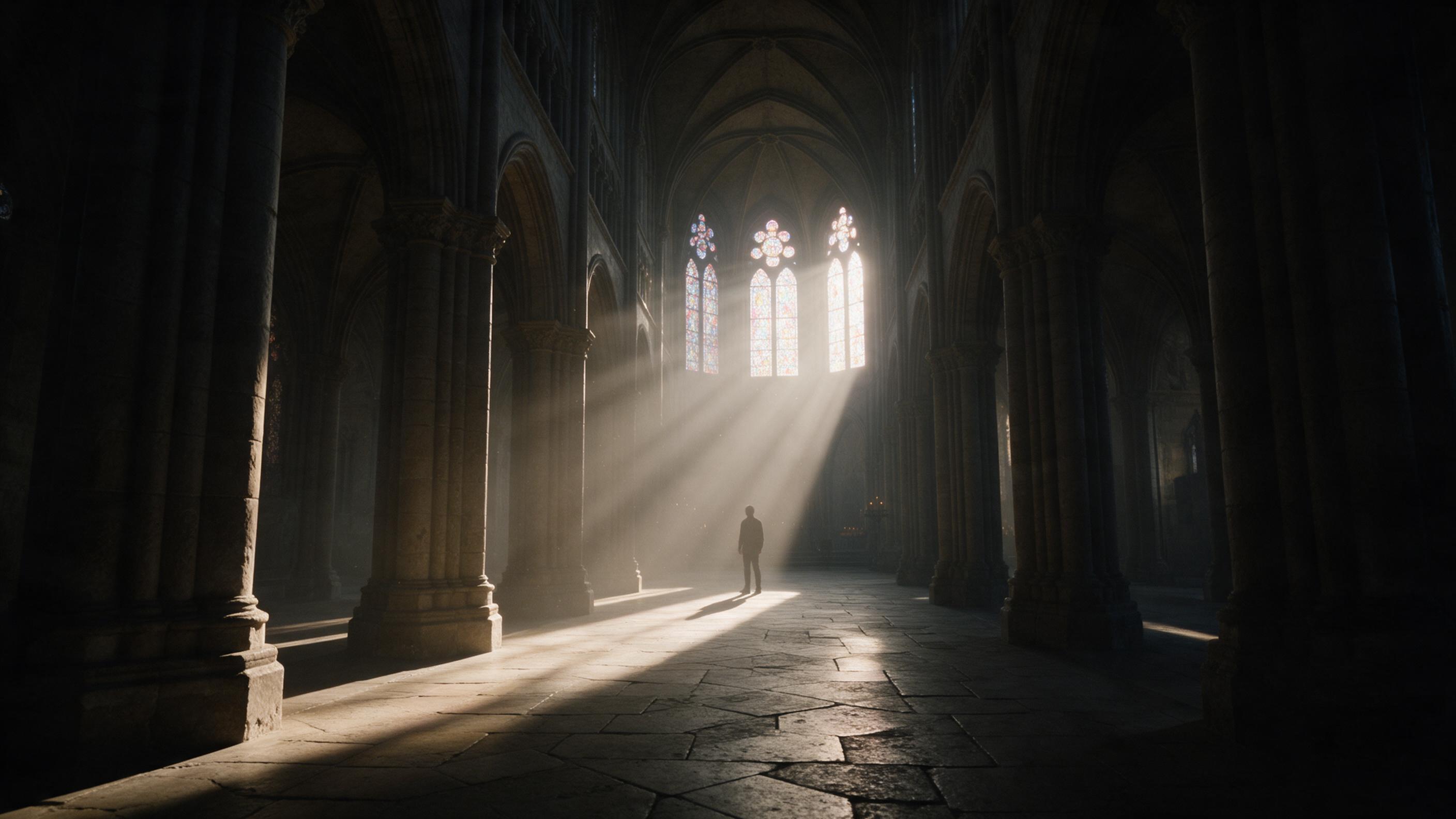 Gothic cathedral interior at dawn, sunlight rays filtering through stained glass, dust particles in the air, ornate stone columns receding into shadow, a lone figure in silhouette for scale, muted color palette, wide angle view, natural lighting with soft contrast.