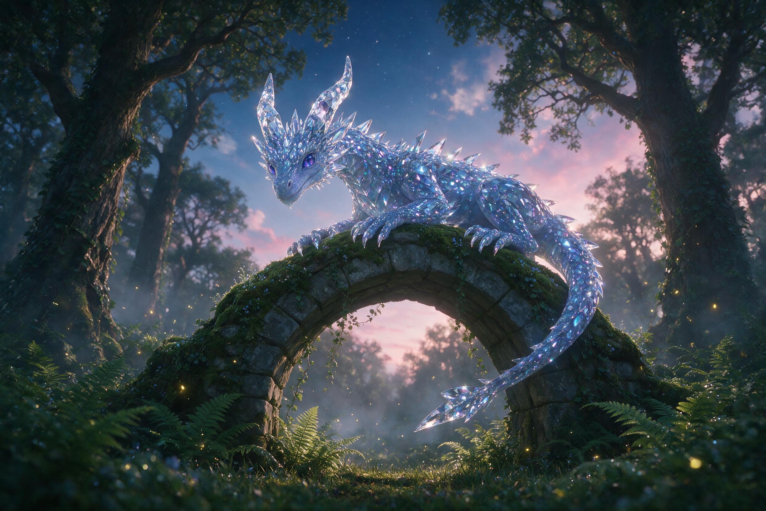 A glowing crystal dragon perched on a moss-covered stone arch in a misty twilight forest. Its scales reflect soft blue and violet bioluminescent light. Fireflies drift between ancient ferns. Composition: low angle, dragon's head in focus, background blurred with depth of field. Lighting: gentle back