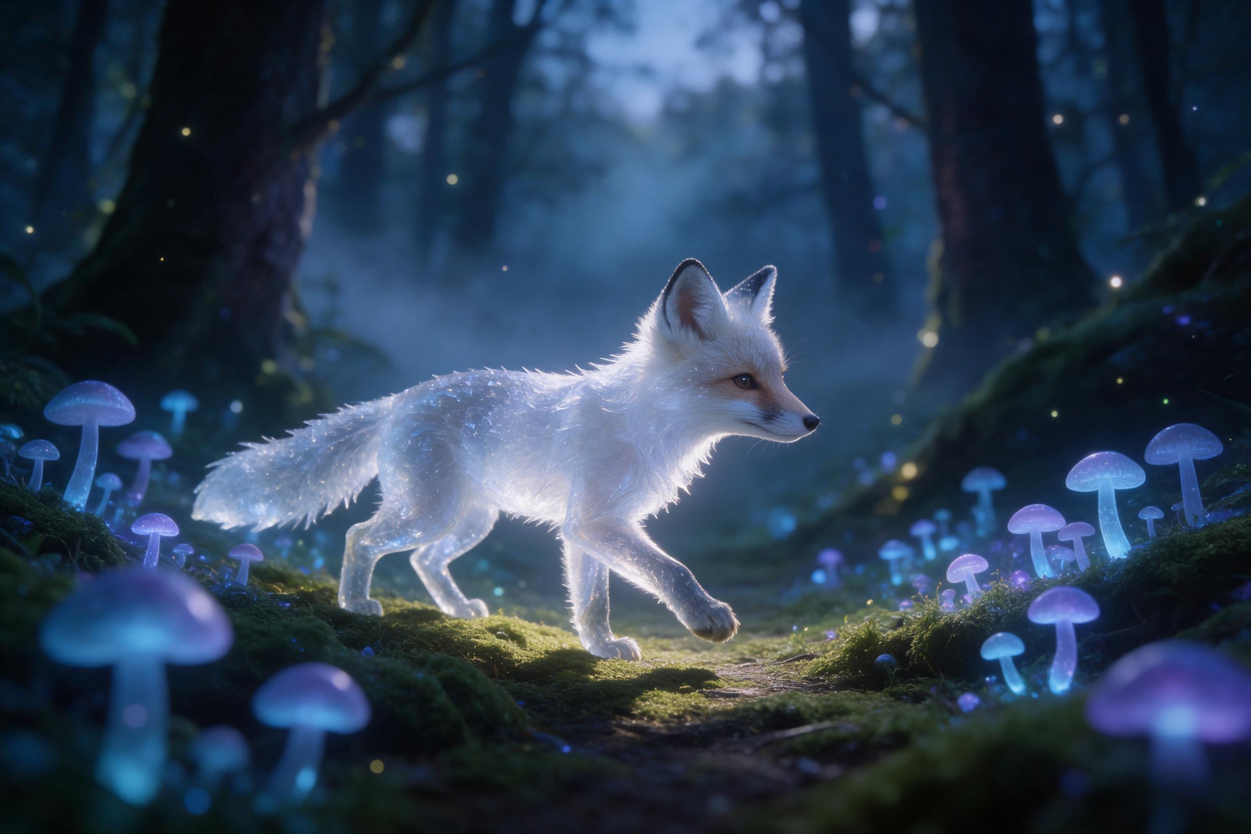 Enchanted forest at twilight, bioluminescent mushrooms glowing soft blue and purple along a mossy path, a small fox with crystal-like translucent fur steps forward, tiny floating lights scattered, mist weaving between ancient trees, cool colors, ethereal atmosphere, soft side lighting, shallow depth
