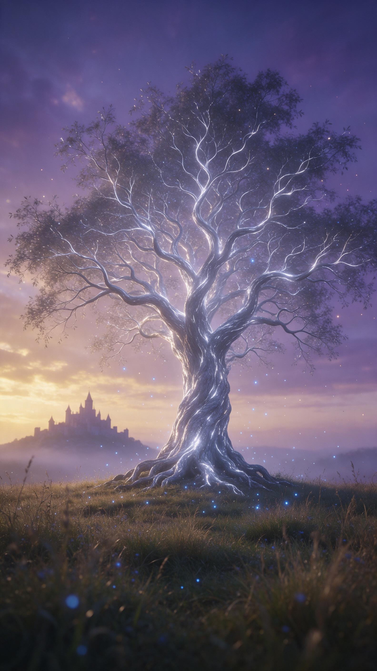 An ancient, glowing tree stands alone in a twilight meadow, its branches twisting like silver veins, small blue fireflies drifting upward, a distant castle silhouette on a misty hill, soft purple and gold sky, gentle magical sparkle in the air, composition centered on the tree, shallow depth of fiel