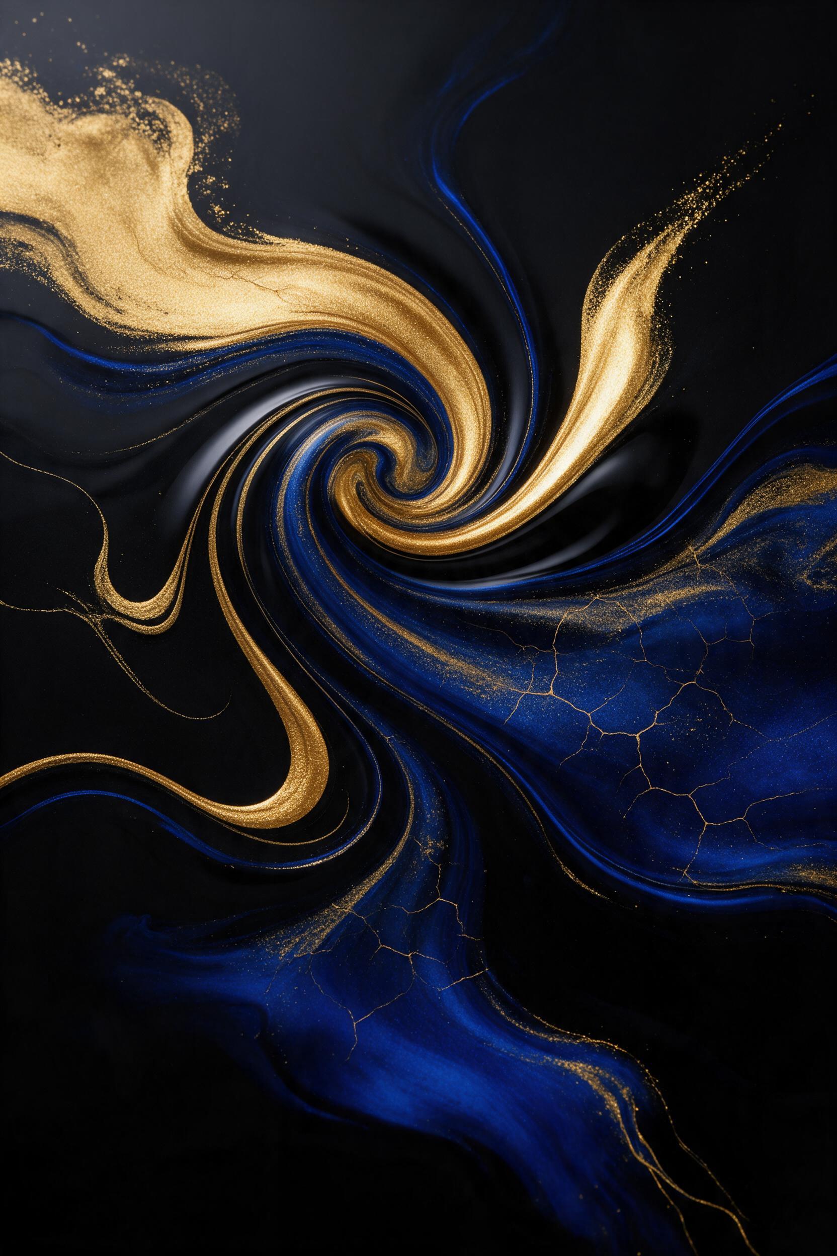 A fluid art composition with swirling ribbons of metallic gold and deep sapphire blue, suspended on a glossy black surface. Subtle light reflections create a sense of depth, while fine cracks add texture. Clean, minimalist aesthetic with no extra elements; high-end editorial style.