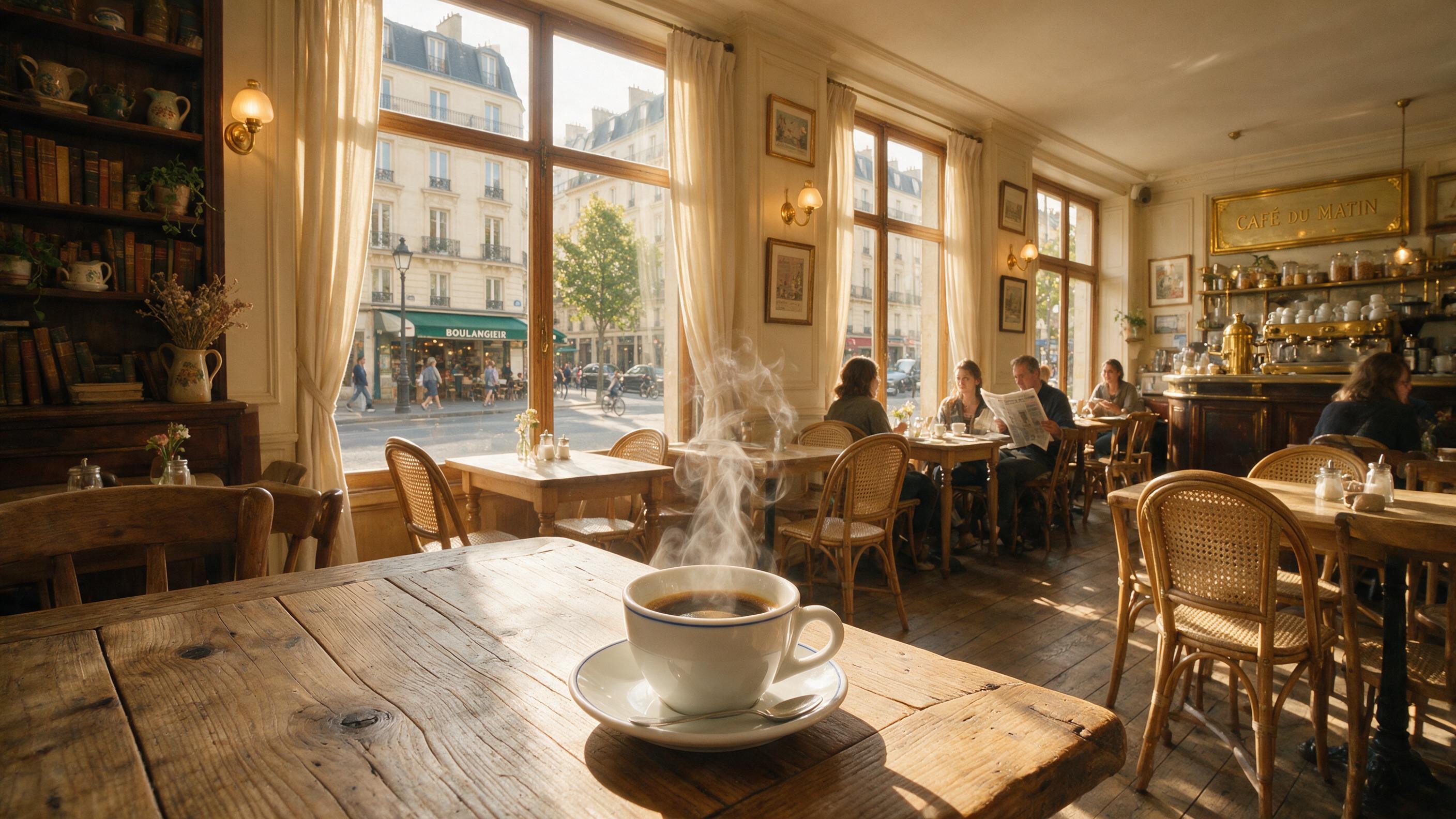 A cozy, sunlit cafe interior in Paris, morning light streams through large windows, a steaming espresso cup on a weathered wooden table, soft shadows, slight camera shake, warm amber tones, natural grain.