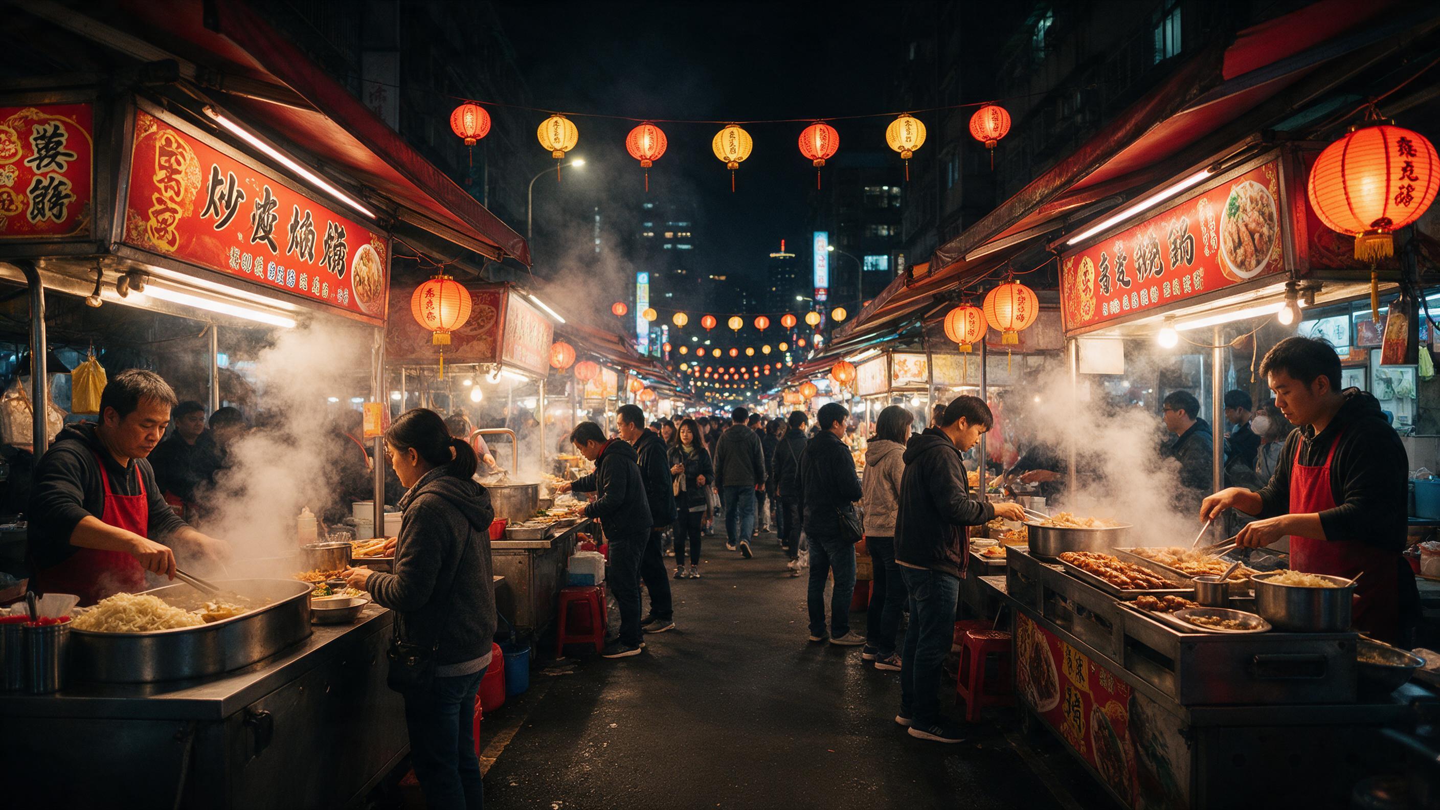 Street food market in Taipei at night, glowing lanterns, steam rising from food stalls, vibrant red and gold tones