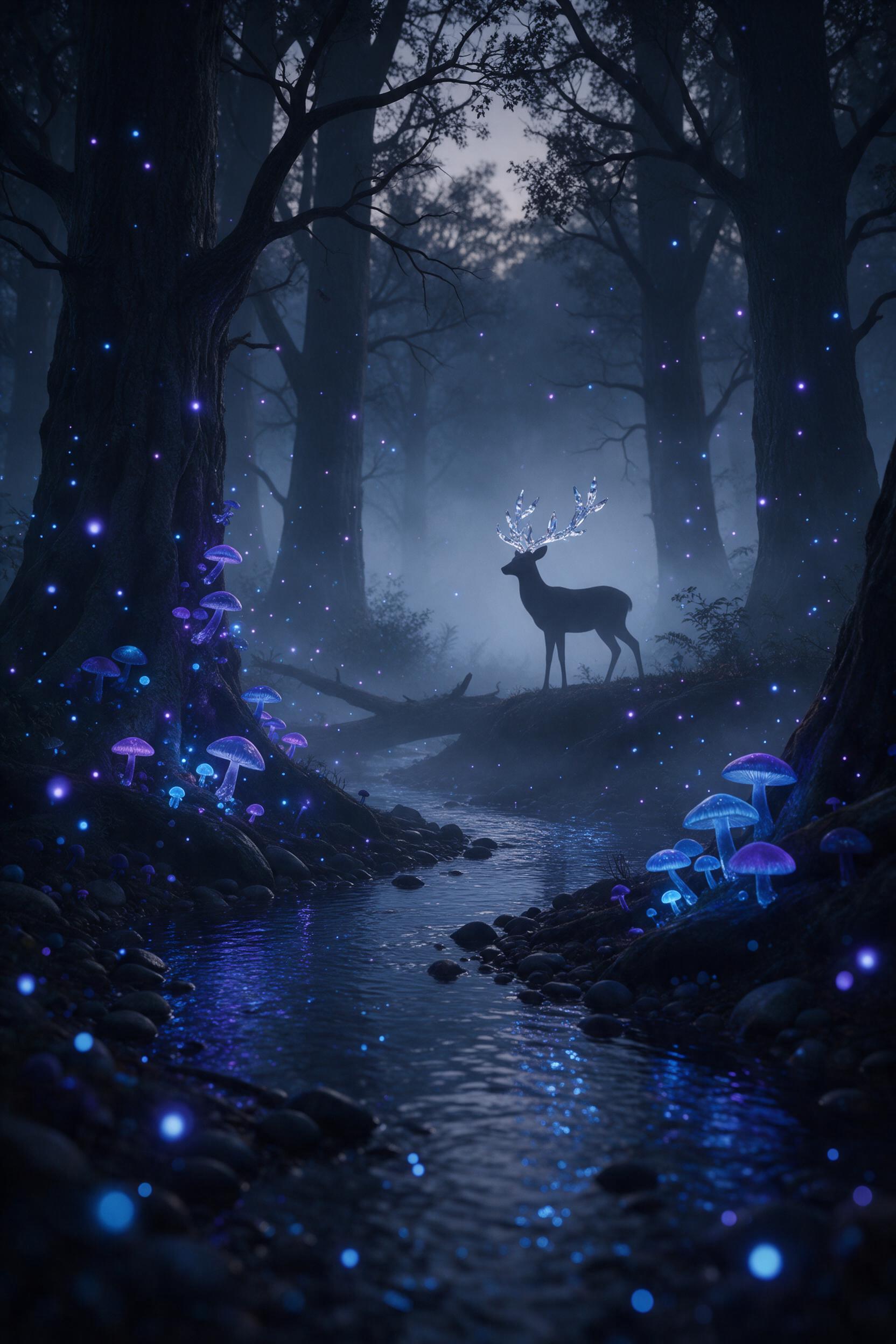 A misty bioluminescent forest at twilight, towering ancient trees with glowing blue and violet mushrooms, a small winding stream reflecting ethereal light, floating spores like fireflies, a silhouette of a deer with antlers made of crystal, soft fog, cool color palette, shallow depth of field