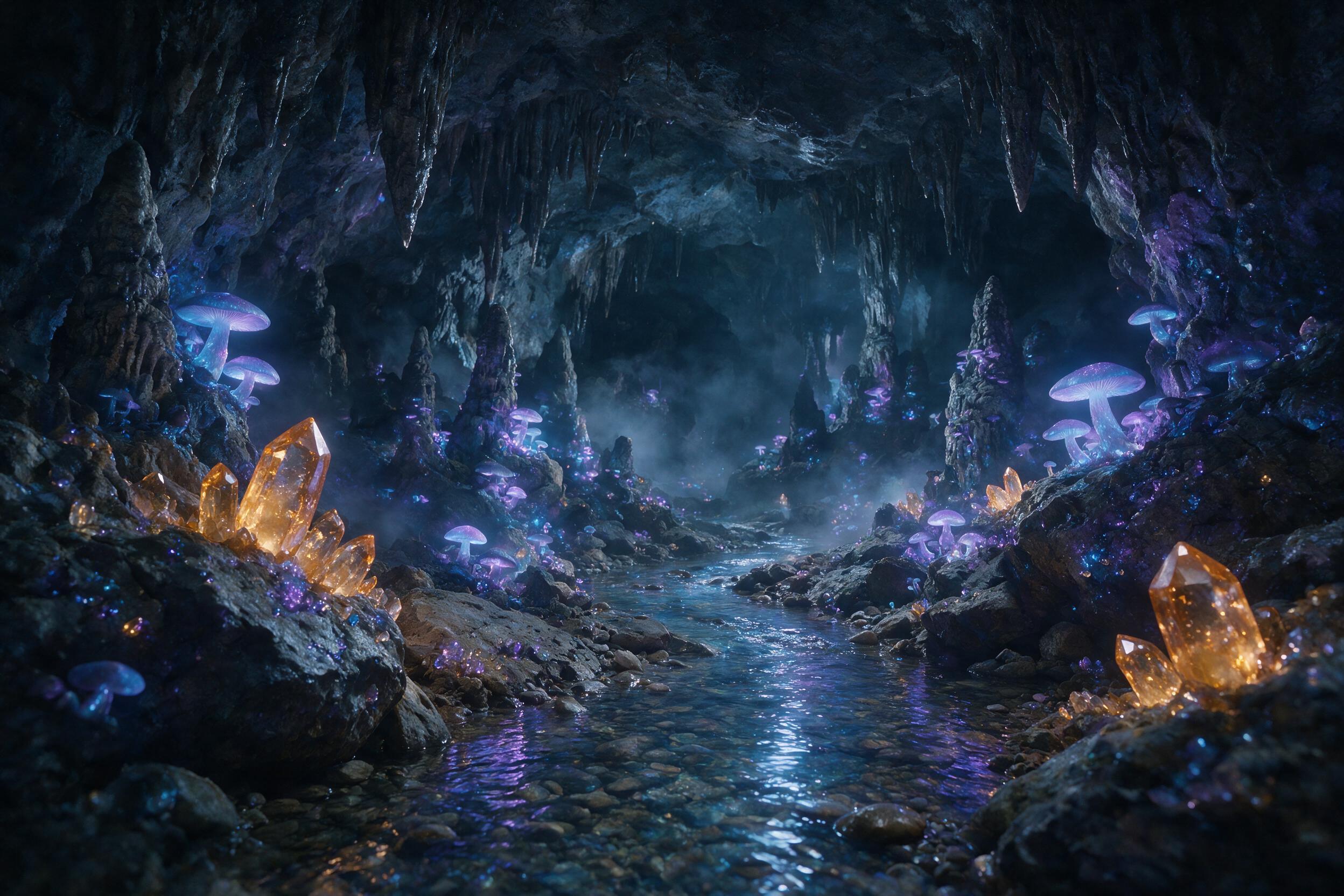A glowing crystal cave deep underground, bioluminescent fungi casting soft blue and purple light onto jagged rock formations, a small stream reflecting the colors, ethereal mist drifting through the cavern, wide-angle composition with depth of field, warm amber crystals in the foreground contrasting