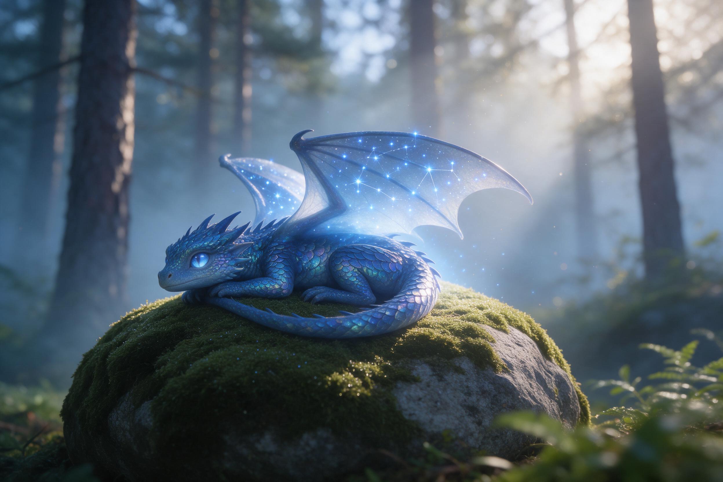 In a misty forest at dawn, a tiny dragon with iridescent blue scales rests on a mossy stone, its wings dotted with glowing constellations. Soft rays of sunlight filter through tall pines, creating a magical atmosphere. Composition: close-up with a shallow depth of field, background softly blurred. N