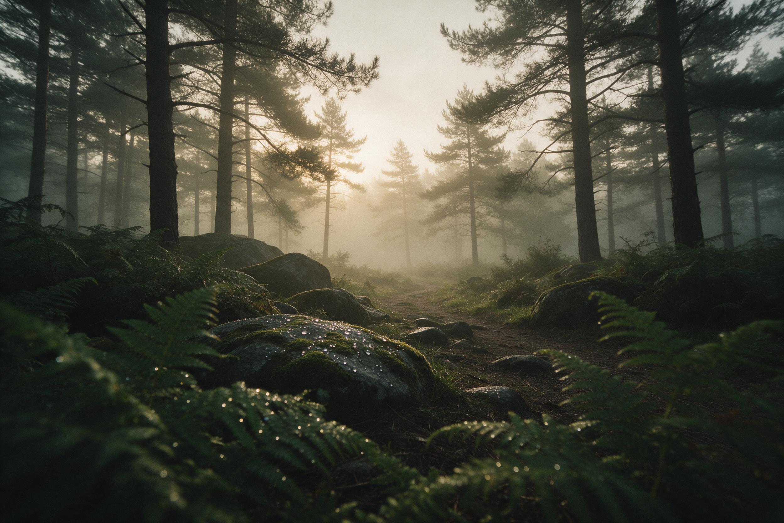 A misty pine forest at dawn, soft golden light filtering through fog, dew drops on mossy rocks, winding dirt path leading into the distance, muted green and amber palette, layered tree silhouettes, tranquil atmosphere, low-angle composition with foreground ferns, natural film grain.