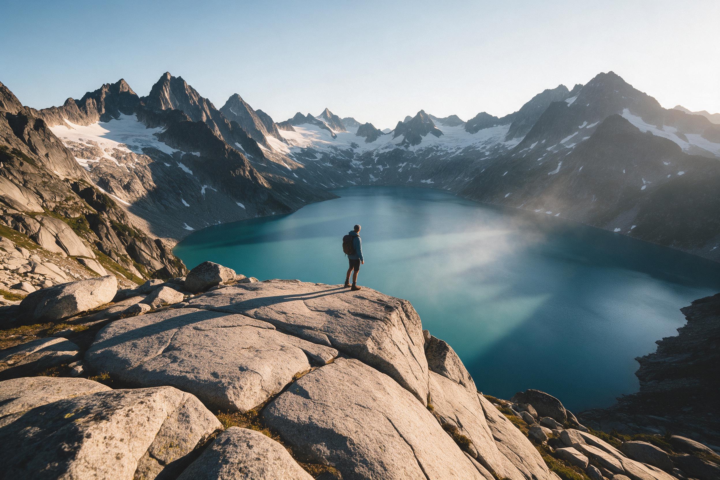 A lone hiker stands on a granite cliff edge overlooking a turquoise alpine lake, surrounded by jagged snow-dusted peaks, warm golden hour light rakes across the scene, long shadows stretch, crisp air clarity, subtle mist rises from the water, composition places the hiker slightly off-center, foregro