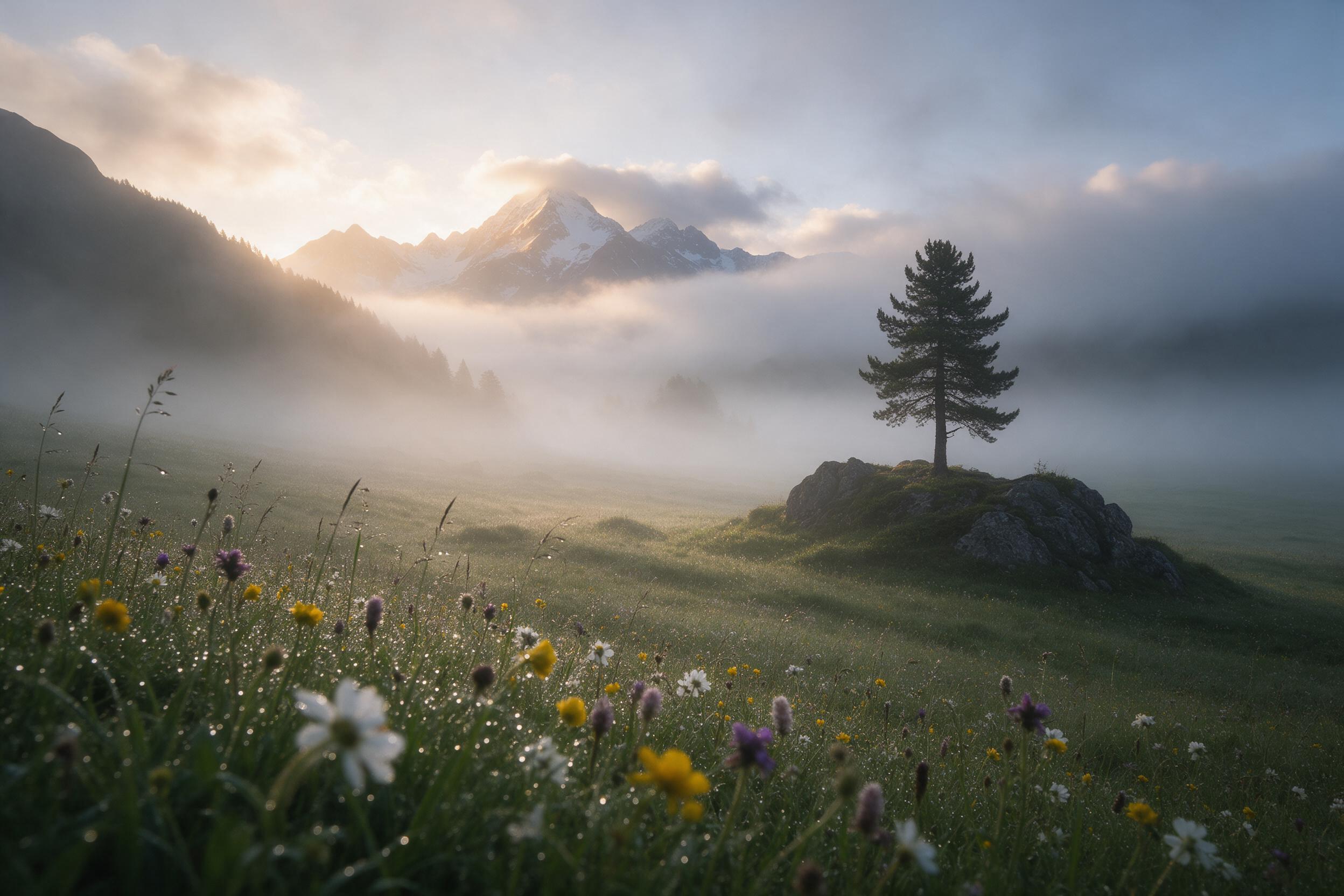 A misty alpine meadow at dawn, wildflowers glistening with dew, distant snow-capped peaks catching first golden light, soft volumetric rays through low clouds, a lone pine tree on a rocky outcrop, tranquil and serene, shot on 85mm lens, shallow depth of field, natural color palette.