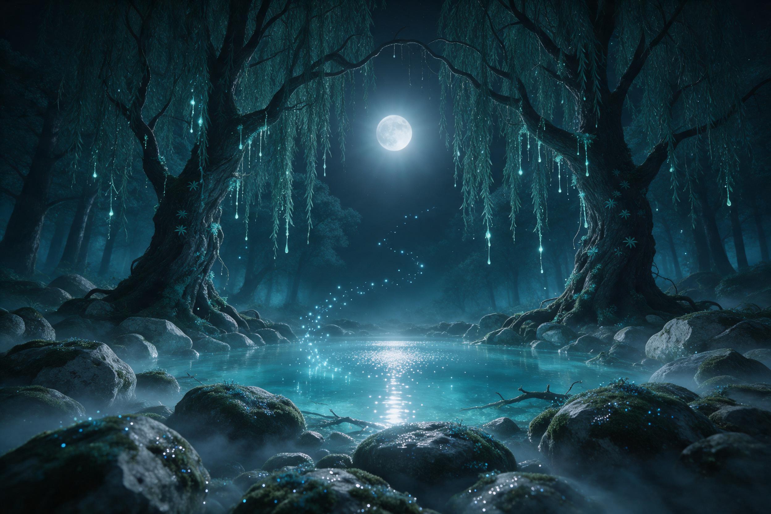 A moonlit forest clearing with a luminous blue crystal pond at its heart, ancient willow branches dripping with glowing spores, mist weaving between mossy stones, fireflies in a slow spiral, soft silver and teal palette, dreamy atmosphere, subtle lens flare.