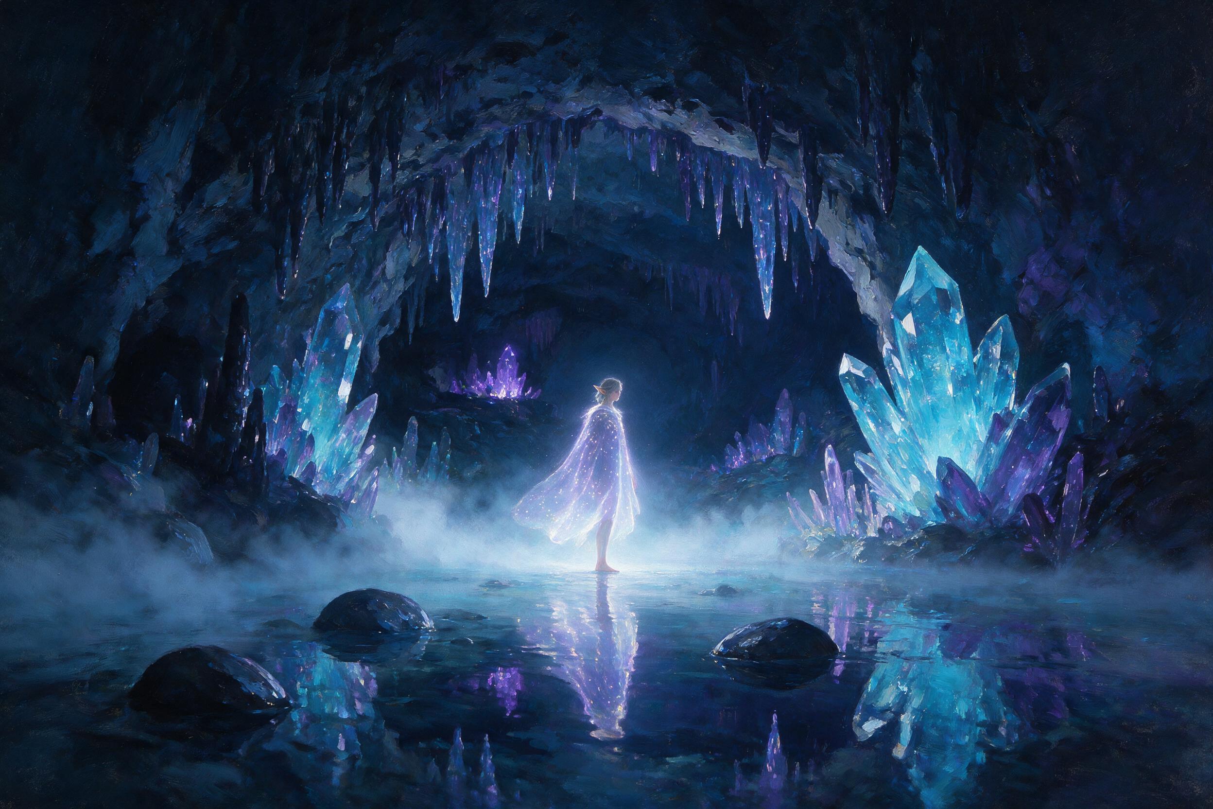 A luminous crystal cave deep underground, glowing blue and purple stalactites, a small ethereal figure in a glowing cloak standing on a reflective pool, soft mist, magical atmosphere, dim ambient light, slight camera shake, painterly style