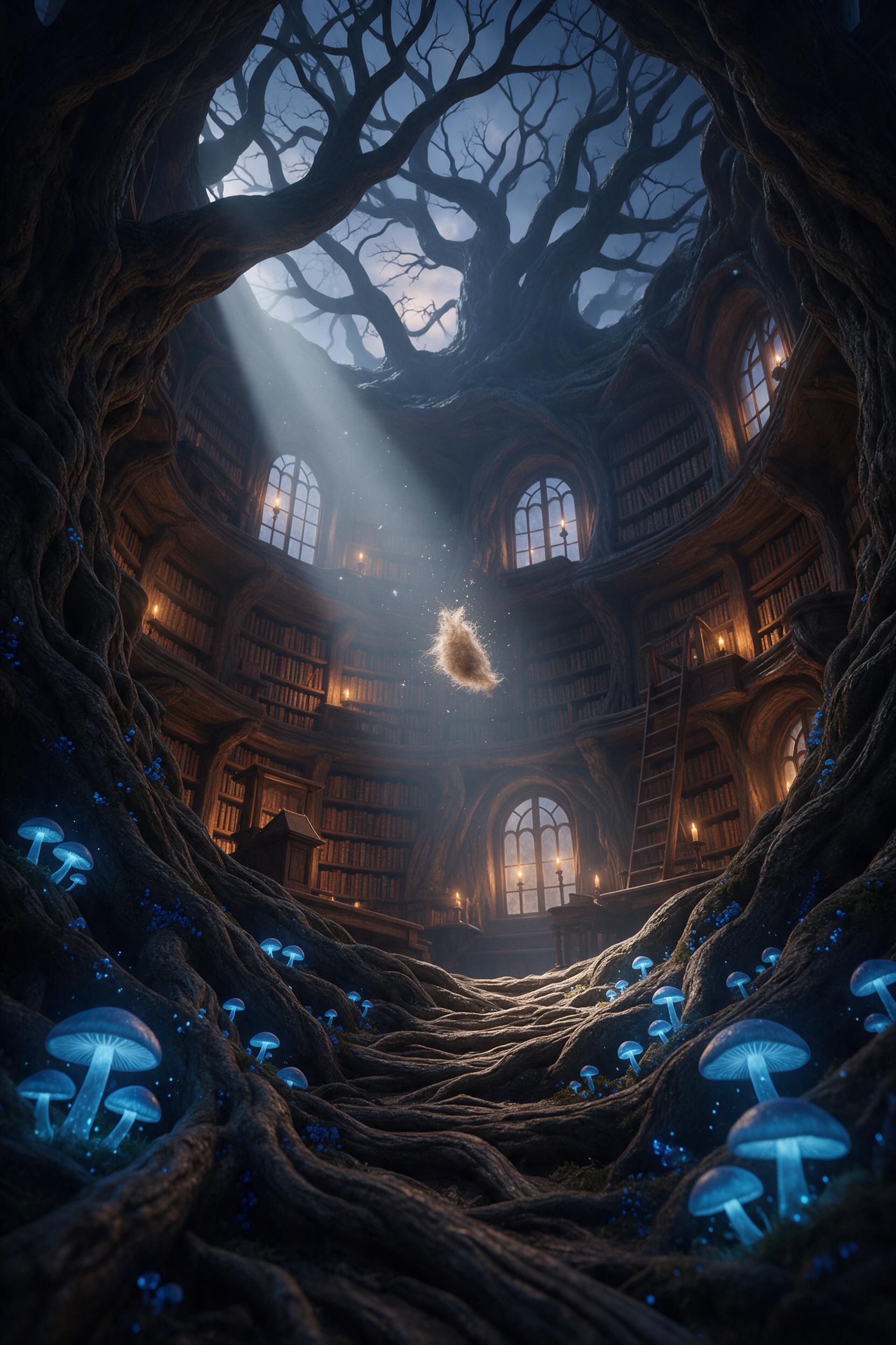 An ancient library hidden within a giant hollow tree, glowing blue mushrooms line the gnarled bark pathway, warm candlelight spills from arched windows, bookshelves carved into the wood, a floating dust mote sparkles in the beam, composition from ground level looking up at the canopy, misty twilight