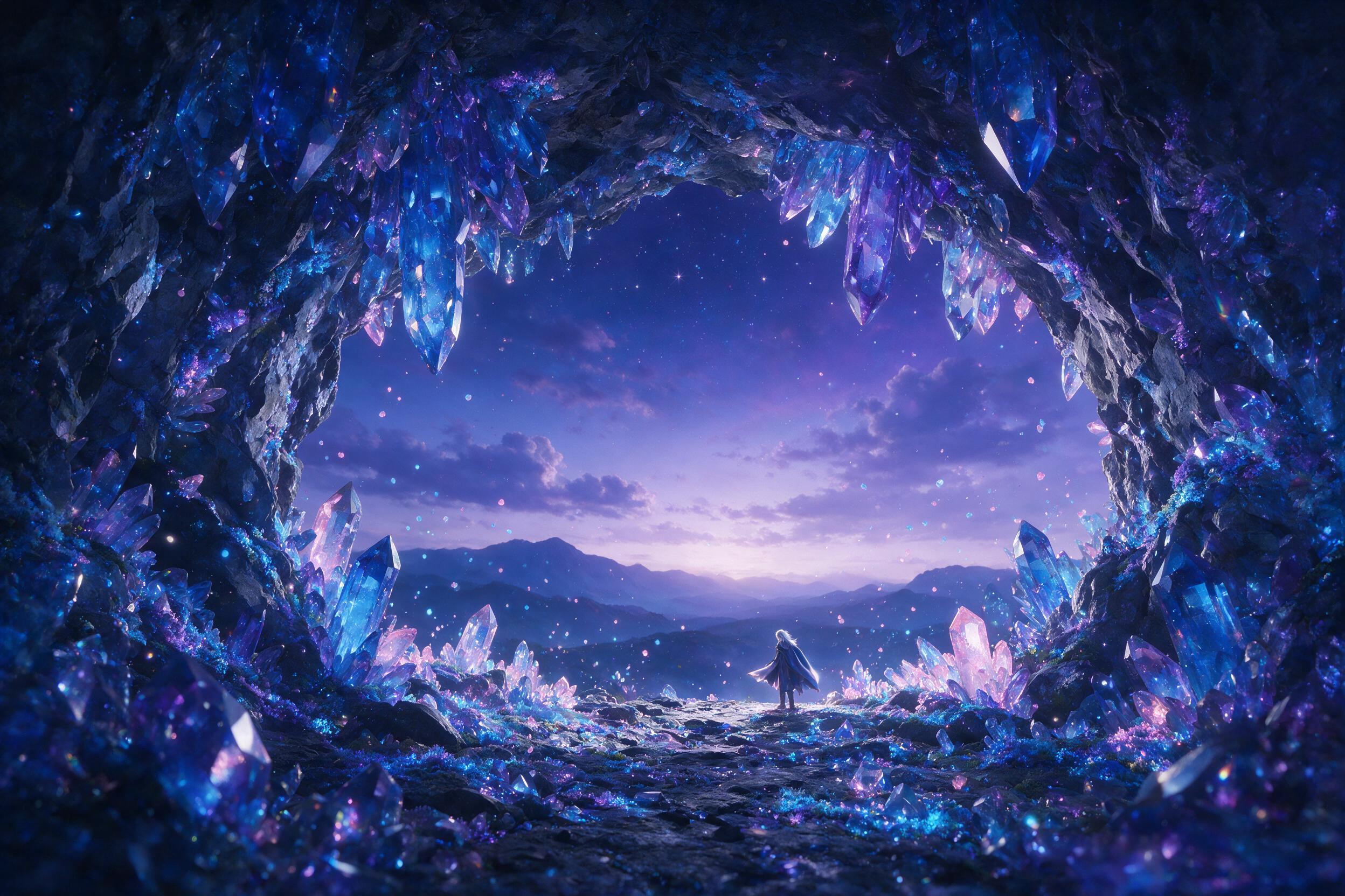 A luminous crystal cave beneath a twilight sky, glowing moss on jagged rocks, soft bioluminescent particles floating in the air, a single silver-haired figure in a flowing cloak standing at the cave entrance, light from the crystals casting deep blue and purple shadows, wide-angle composition, dream