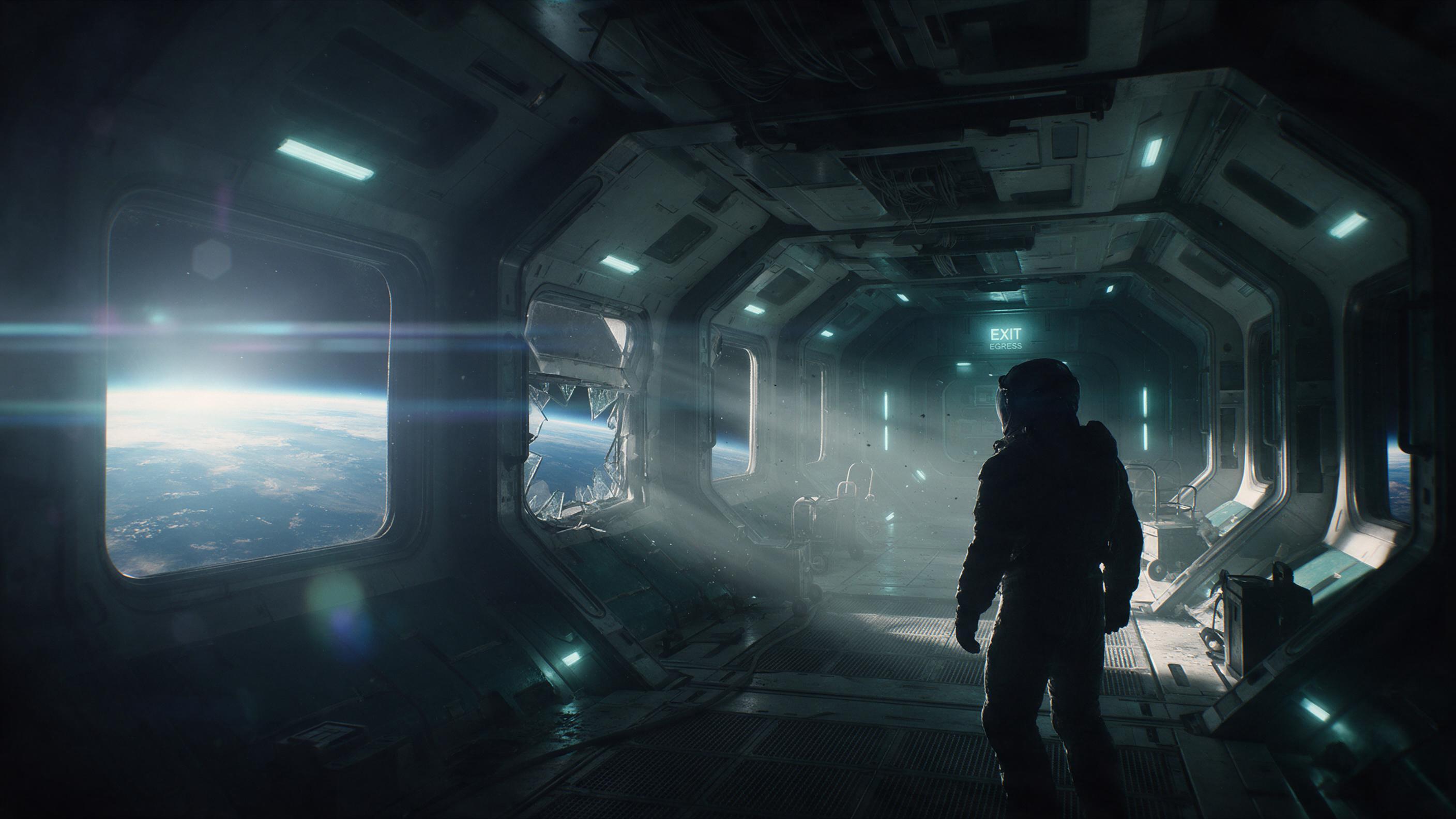 Abandoned orbital station interior, soft cyan emergency lights flickering, dust motes in air, broken windows revealing Earth below, astronaut silhouette in foreground, volumetric light rays, slight lens flare, cinematic composition