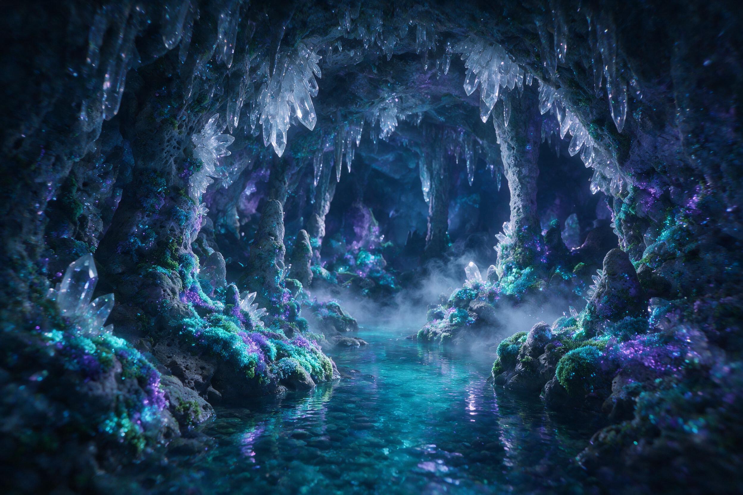A luminous crystal cave deep underground, glowing bioluminescent moss covering the walls, a small stream of turquoise water reflecting the light, soft mist rising from the water, natural stone formations like pillars, dim blue and purple ambient light, slight camera shake capturing the ethereal atmo
