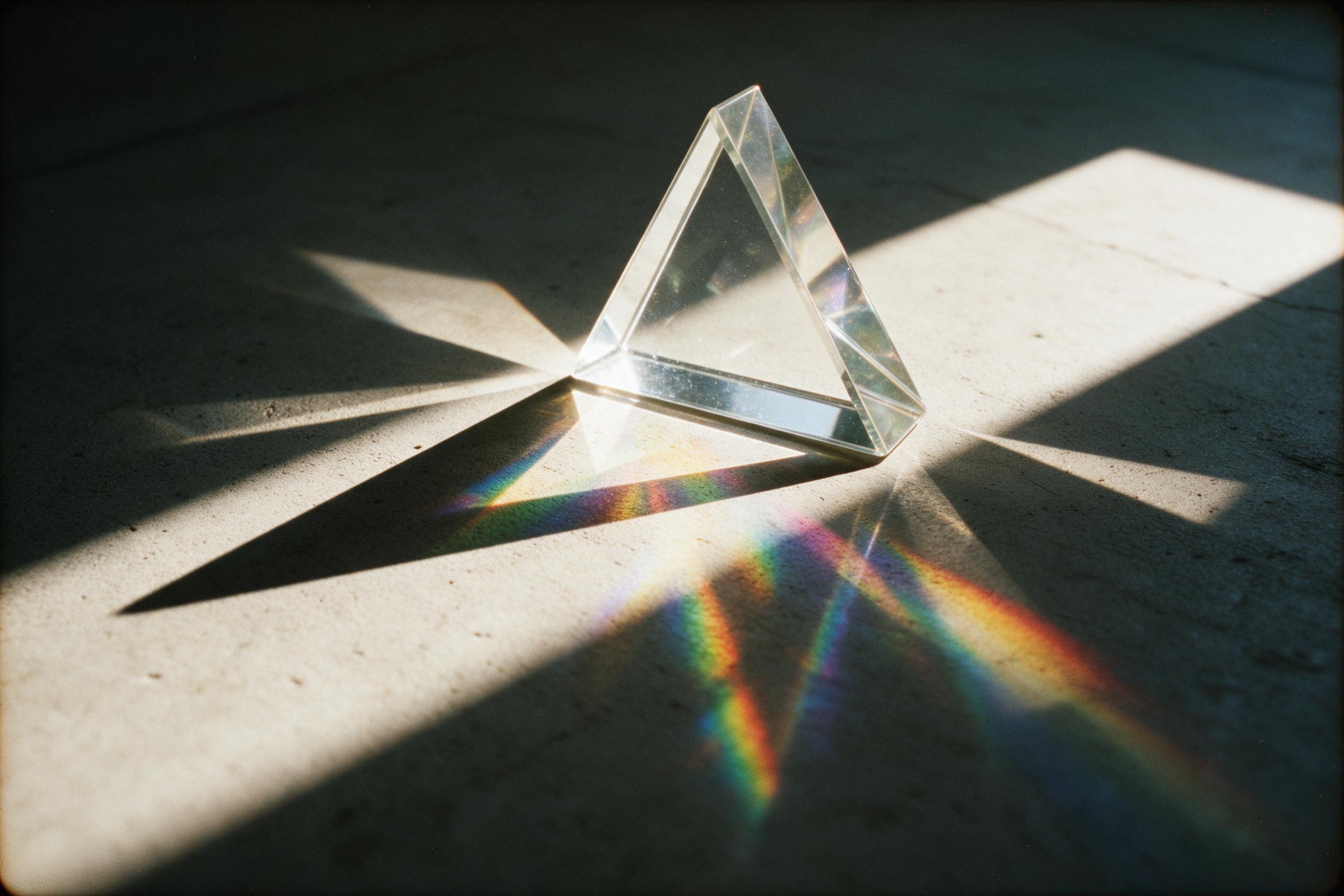 A close-up of a glass prism refracting a harsh beam of sunlight, casting fragmented rainbows on a rough concrete floor. Surreal composition with geometric shadows, sharp edges, and grainy film texture. Dark corners, only the prism lit.