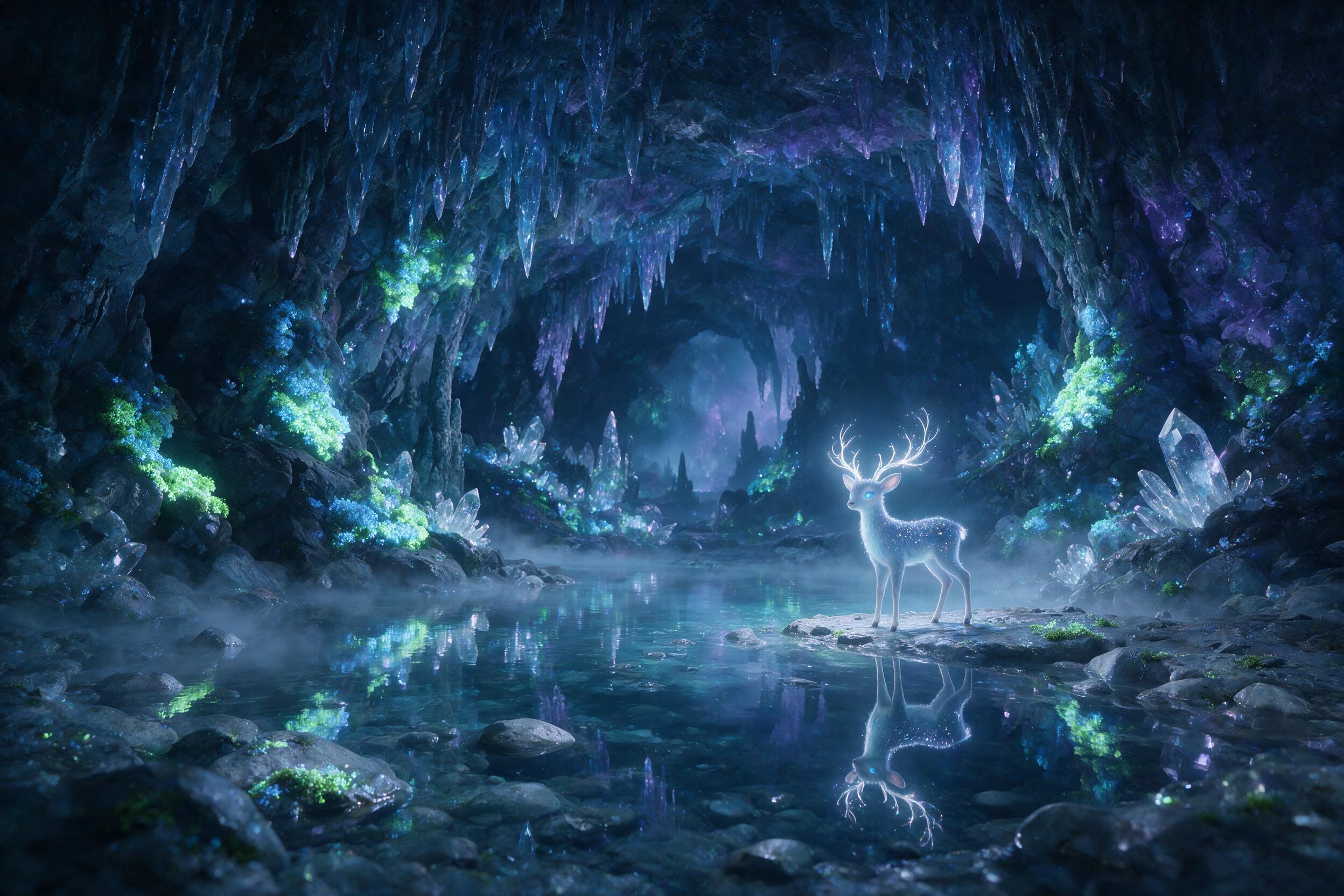 A luminous crystal cave deep underground, glowing bioluminescent moss on jagged walls, a small ethereal deer with antlers of light stands beside a still pool reflecting the cavern ceiling, soft blue and purple light, mist clinging to the water surface, majestic yet mysterious, natural lighting from 